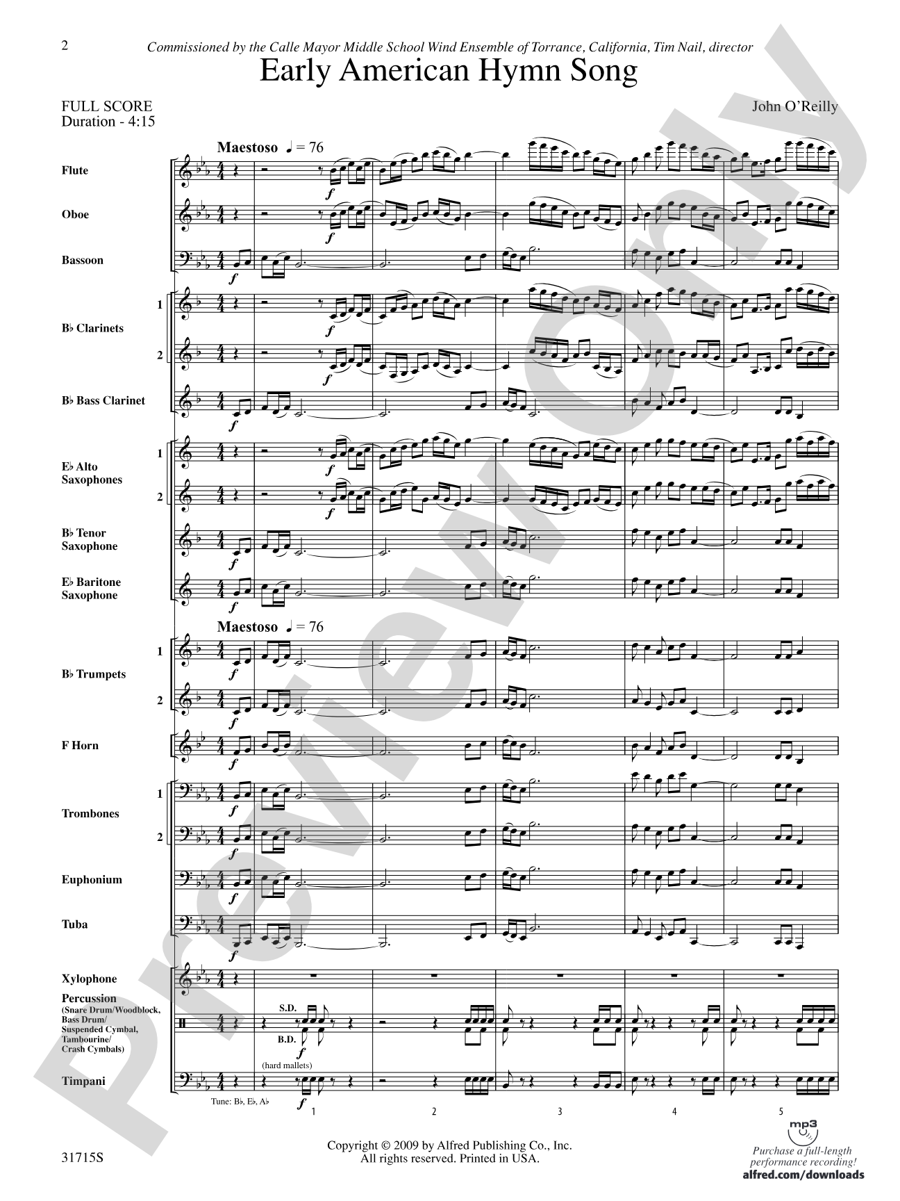 Early American Hymn Song: Concert Band Conductor Score & Parts