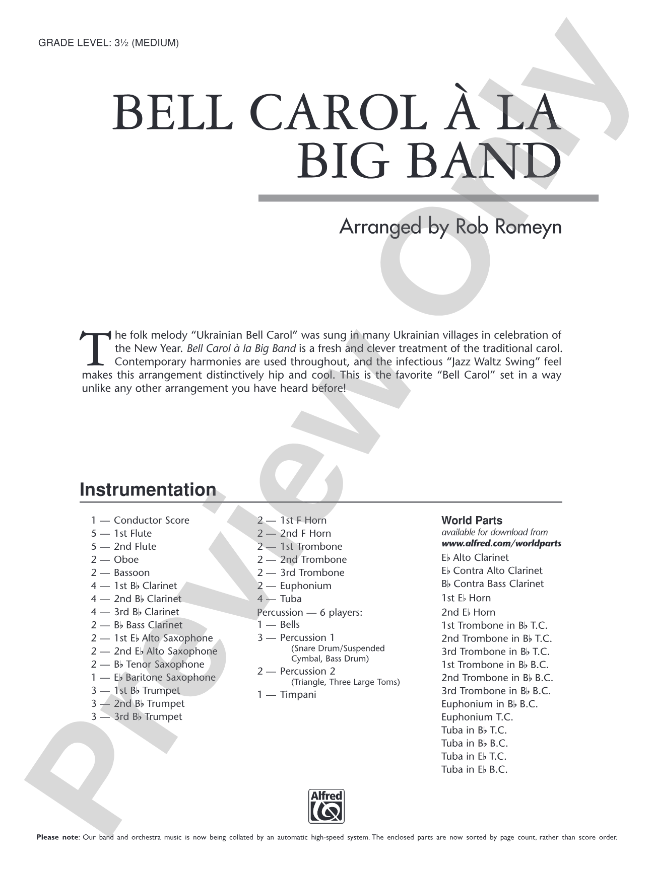 Bell Carol a la Big Band: Concert Band Conductor Score & Parts
