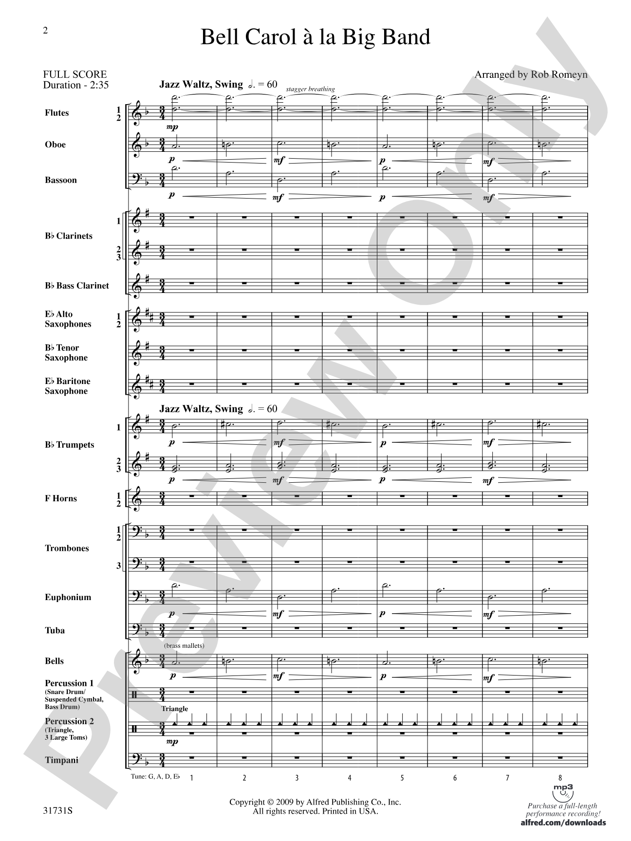Bell Carol a la Big Band: Concert Band Conductor Score & Parts