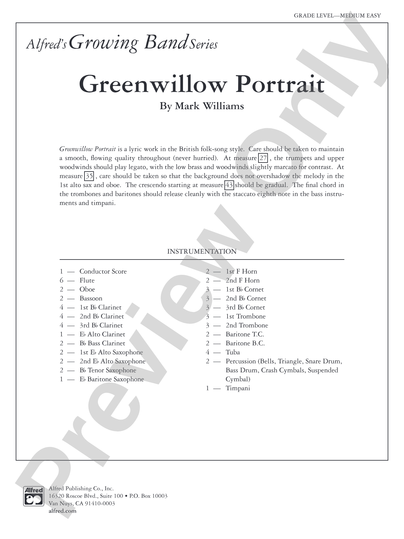 Greenwillow Portrait: Concert Band Conductor Score & Parts