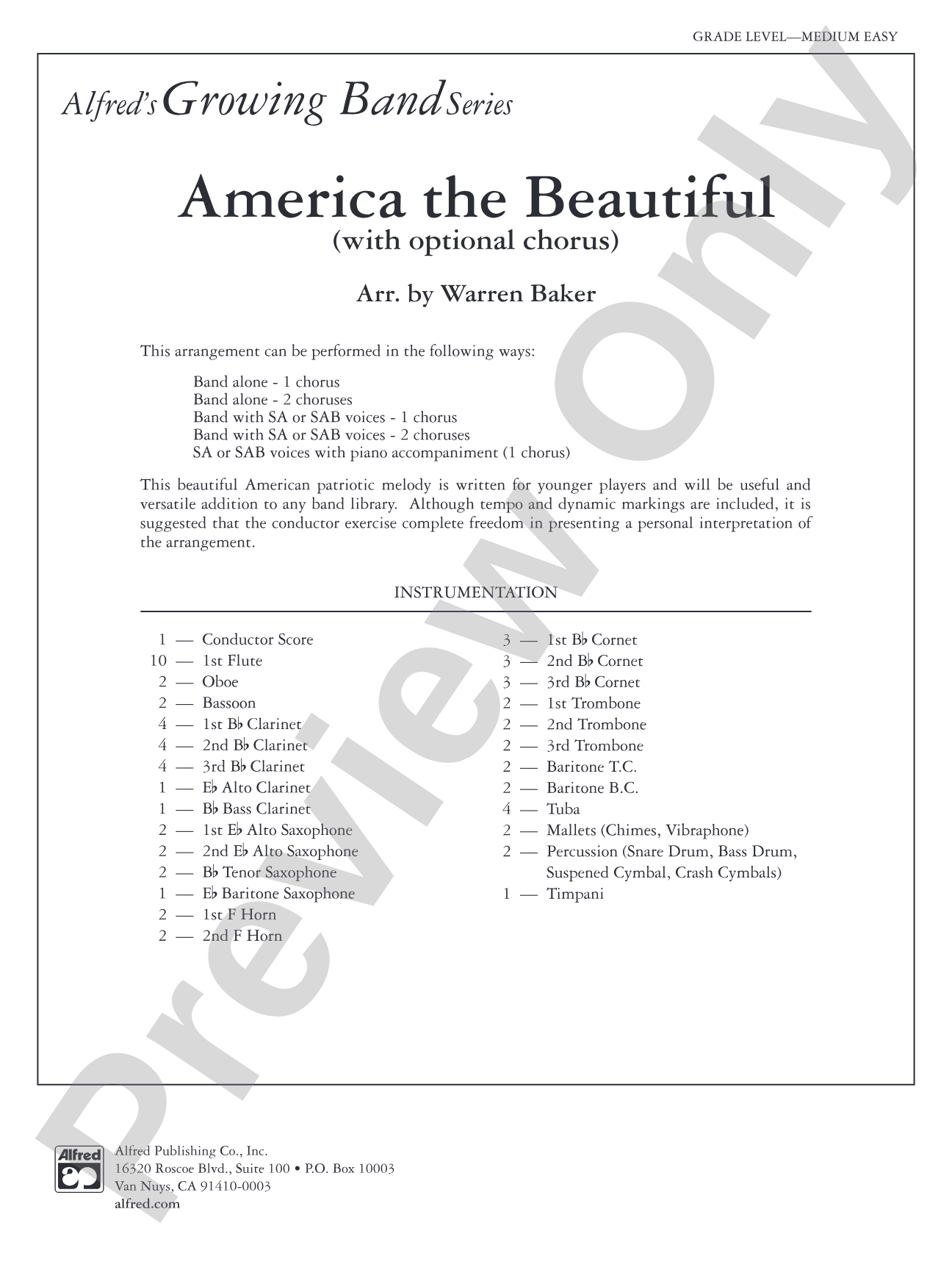 America, the Beautiful (with optional SA/SAB chorus): Concert Band Conductor Score & Parts