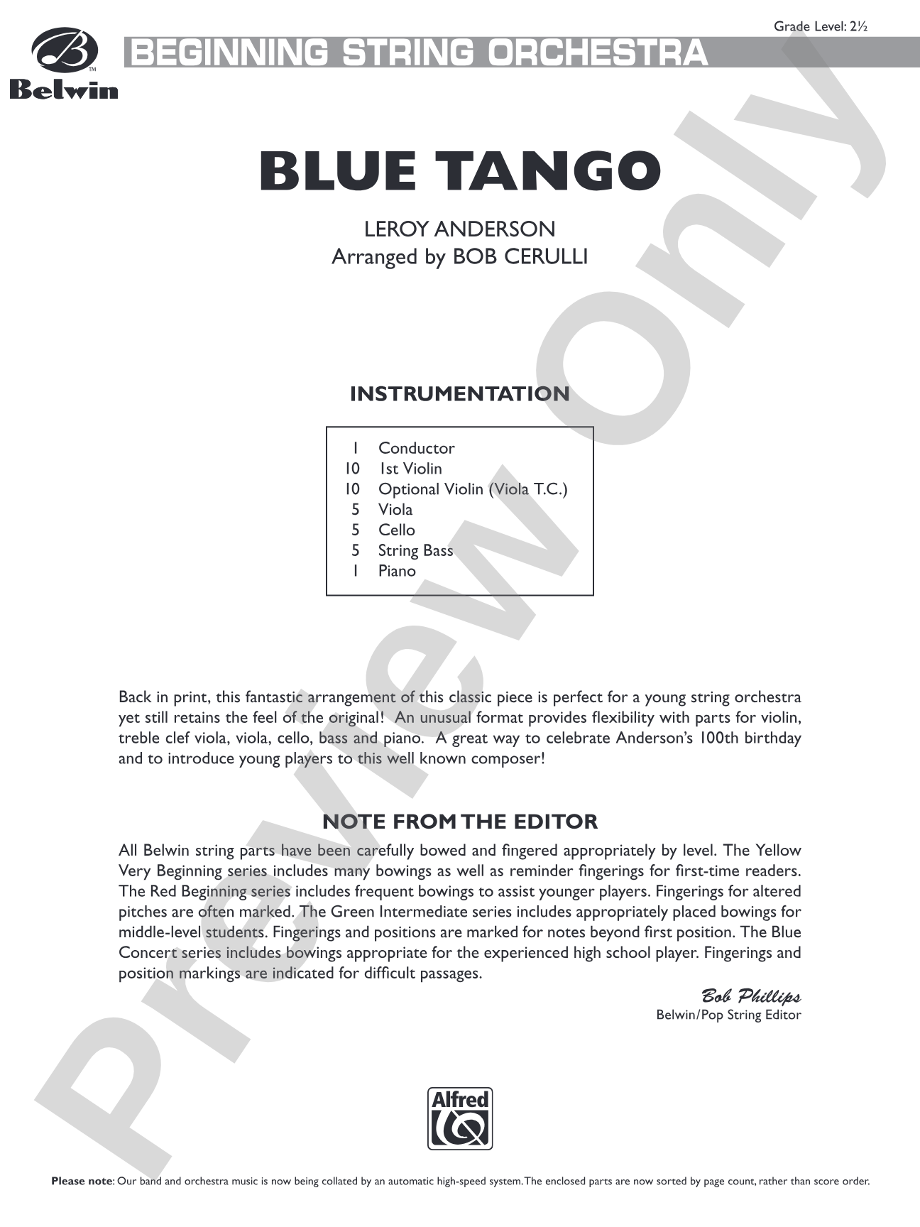 Blue Tango: String Orchestra Conductor Score & Parts