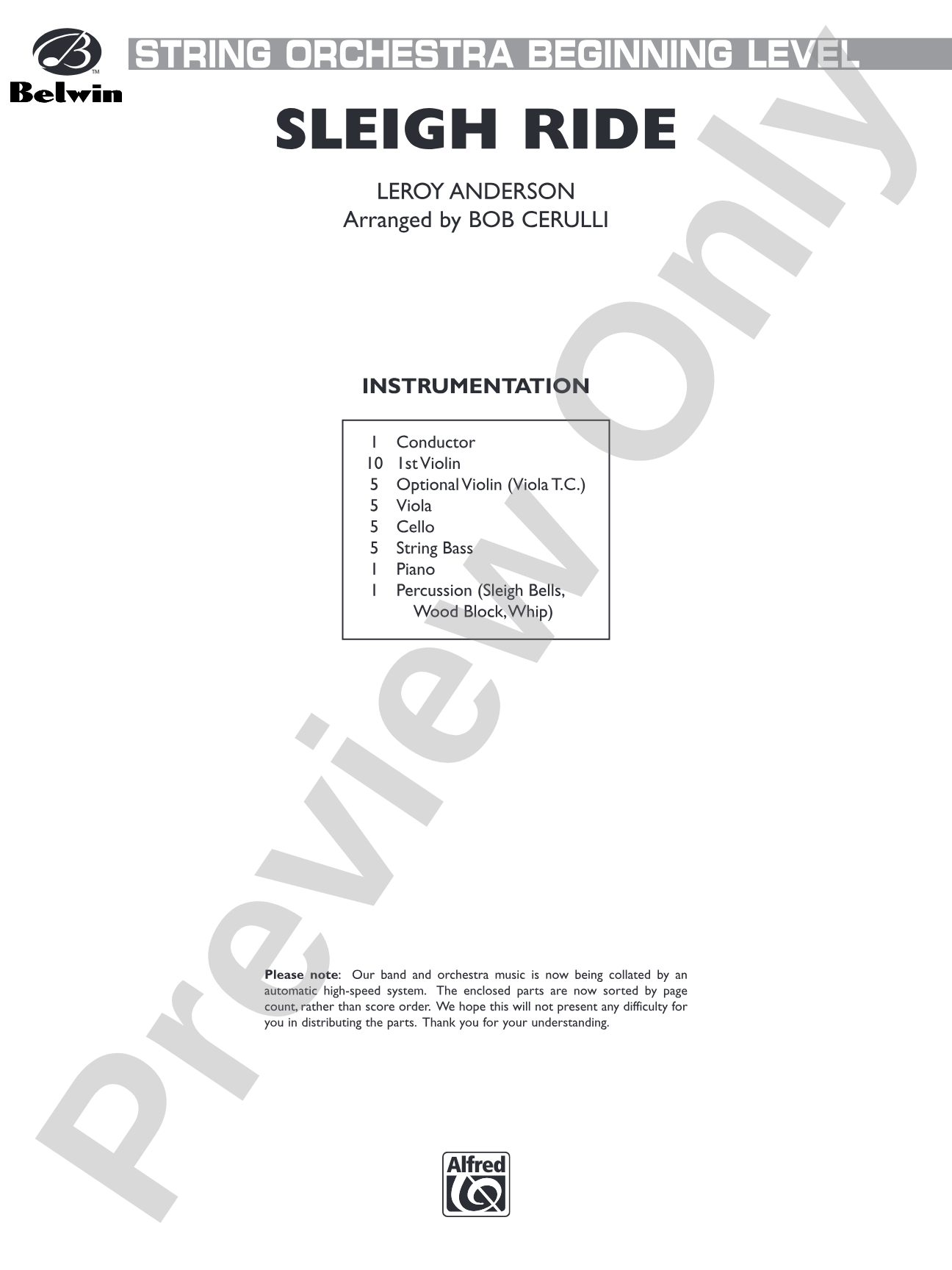 Sleigh Ride: String Orchestra Conductor Score & Parts