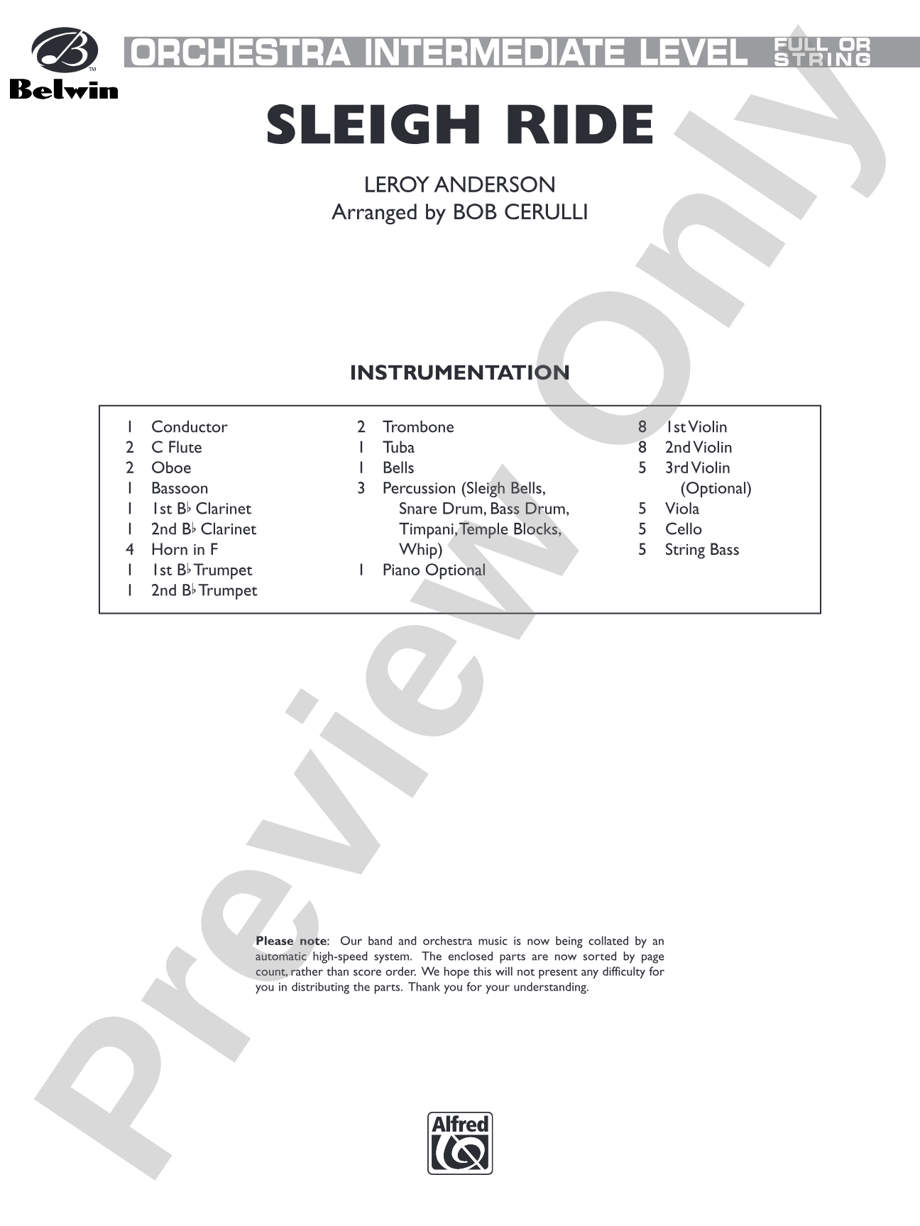 Sleigh Ride: Full Orchestra Conductor Score & Parts