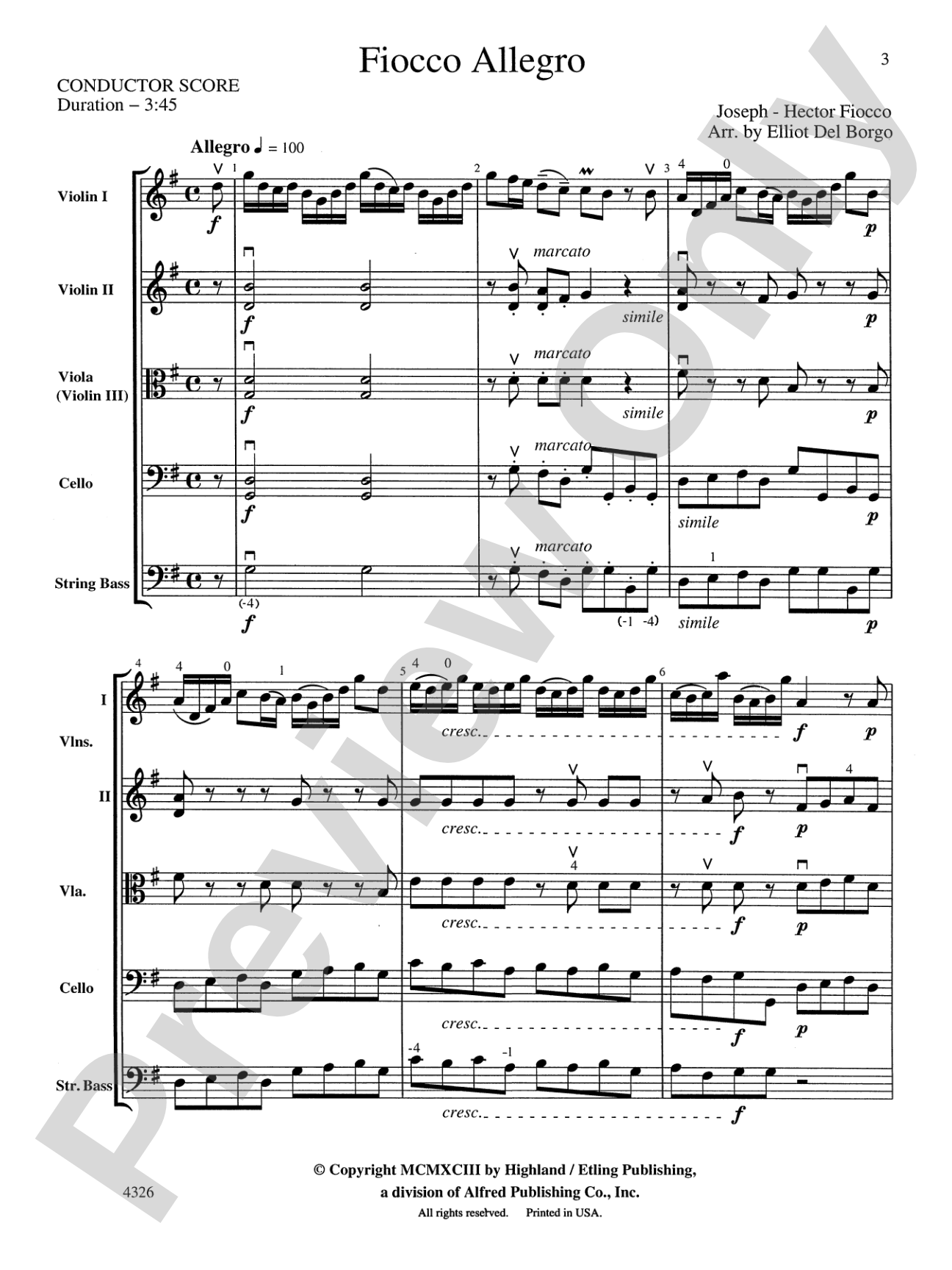 Fiocco Allegro: String Orchestra Conductor Score & Parts
