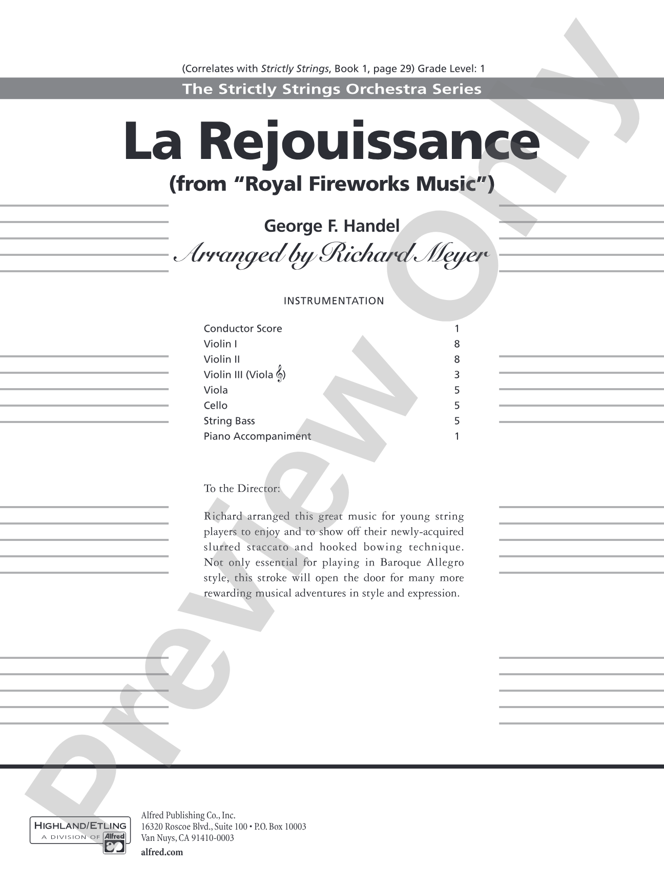 La Rejouissance from the "Royal Fireworks Music": String Orchestra Conductor Score & Parts