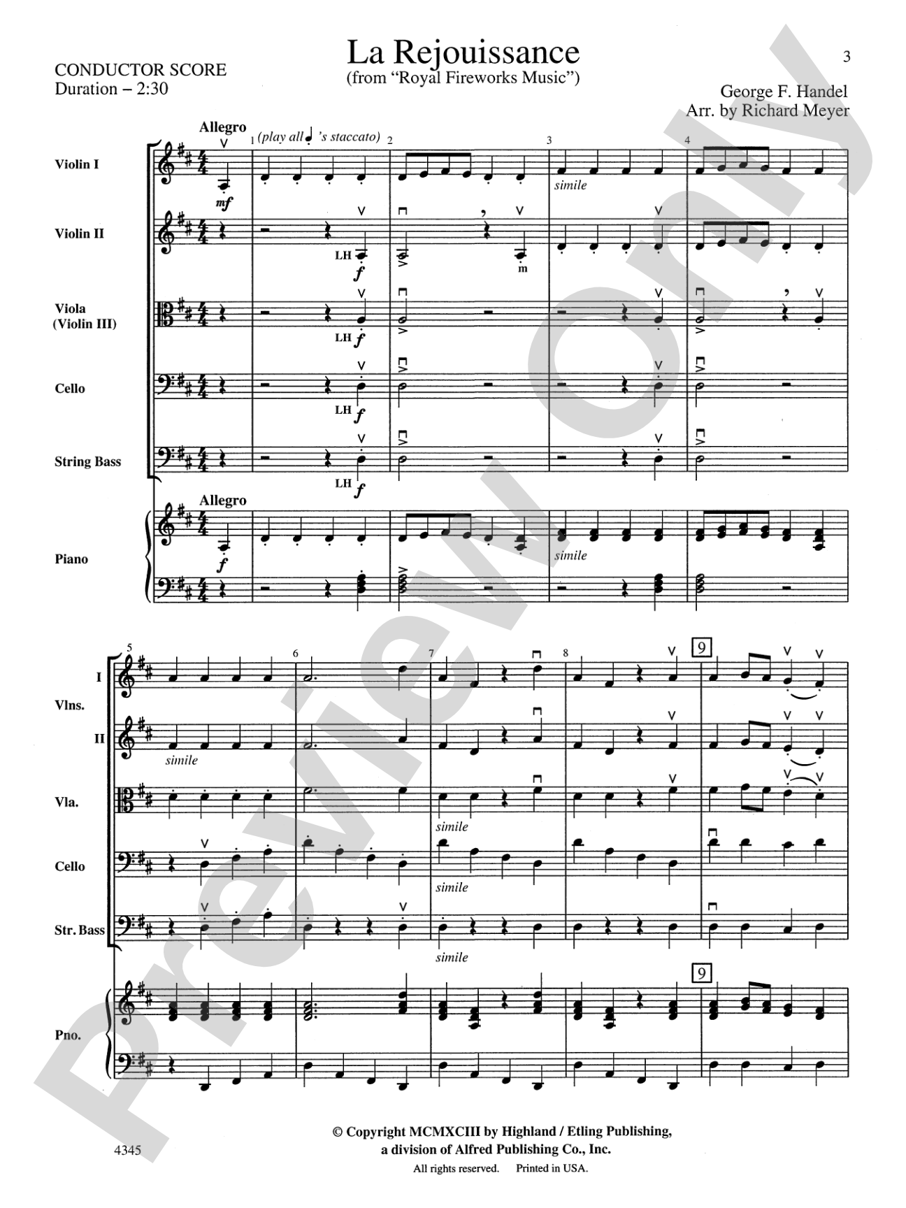 La Rejouissance from the "Royal Fireworks Music": String Orchestra Conductor Score & Parts