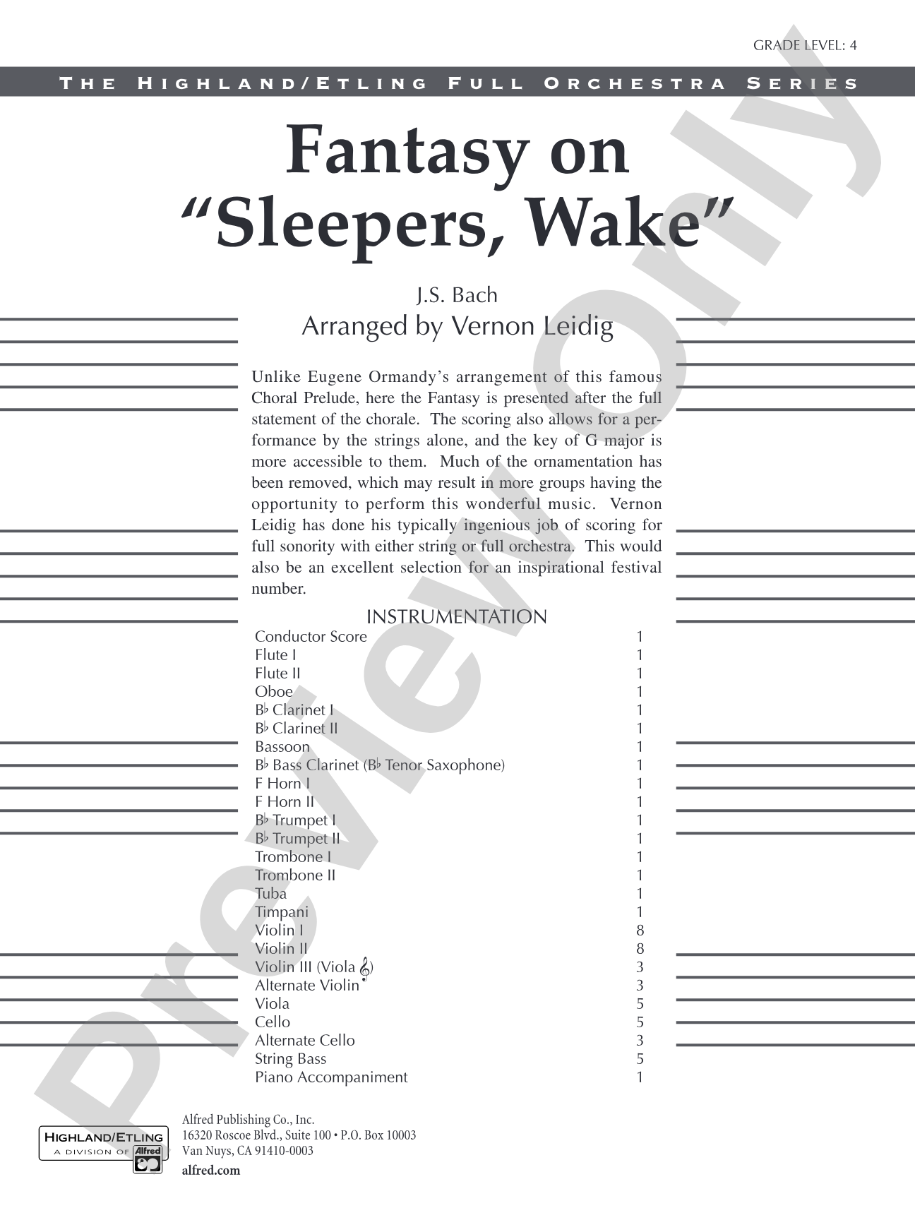 Fantasy on "Sleepers, Wake": Full Orchestra Conductor Score & Parts