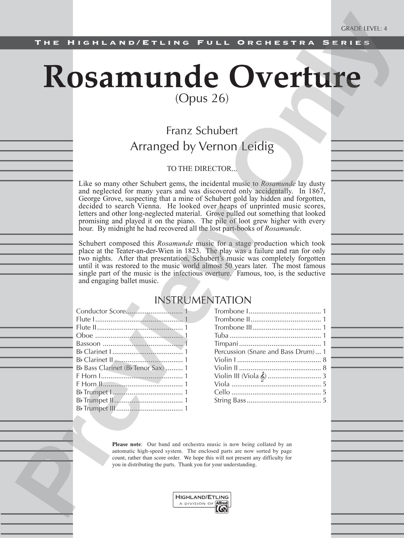 Rosamunde Overture, Opus 26: Full Orchestra Conductor Score & Parts