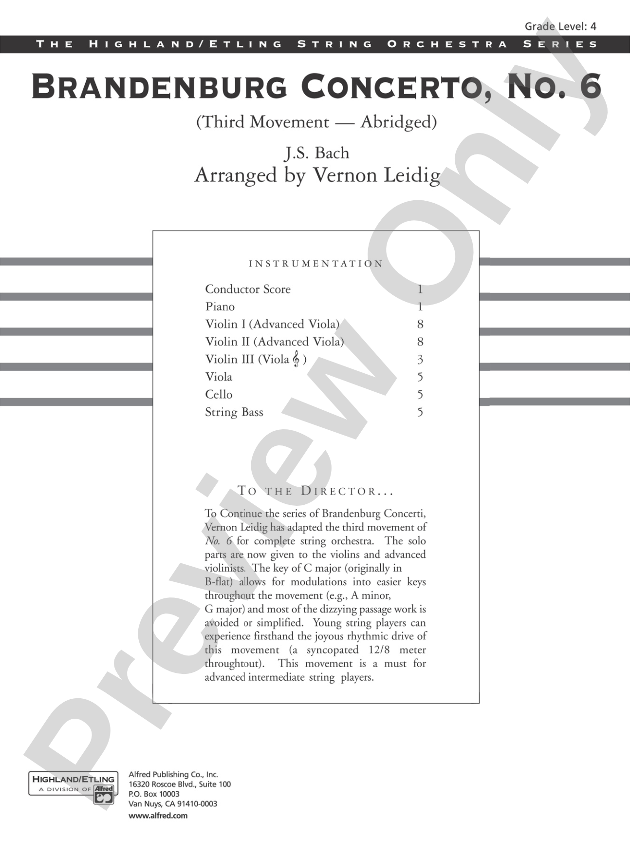 Brandenburg Concerto No. 6, 3rd Movement (Abridged): String Orchestra Conductor Score & Parts
