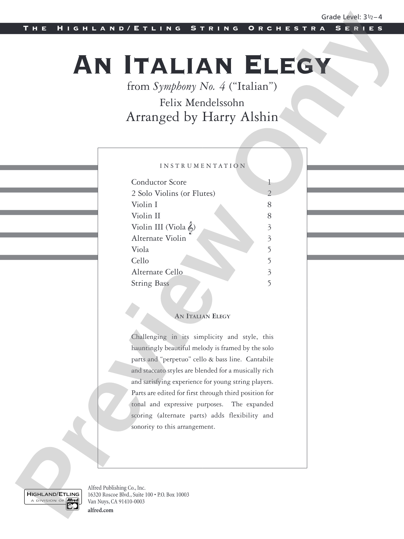 An Italian Elegy, from Symphony No. 4 "Italian": String Orchestra Conductor Score & Parts