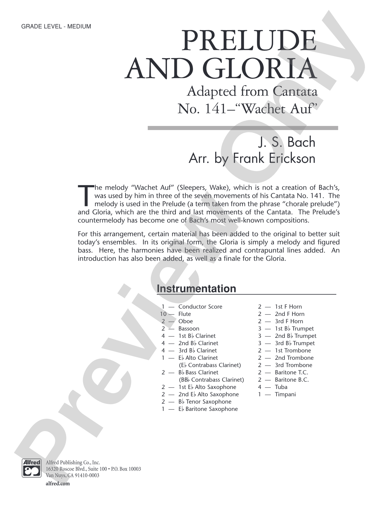 Prelude and Gloria (Adapted from Cantata No. 141 -- "Wachet Auf"): Concert Band Conductor Score & Parts