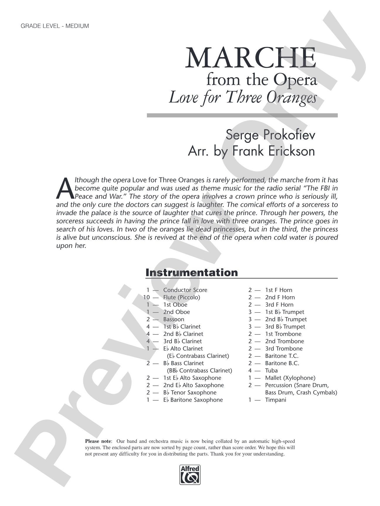March from the Opera Love for 3 Oranges: Concert Band Conductor Score & Parts