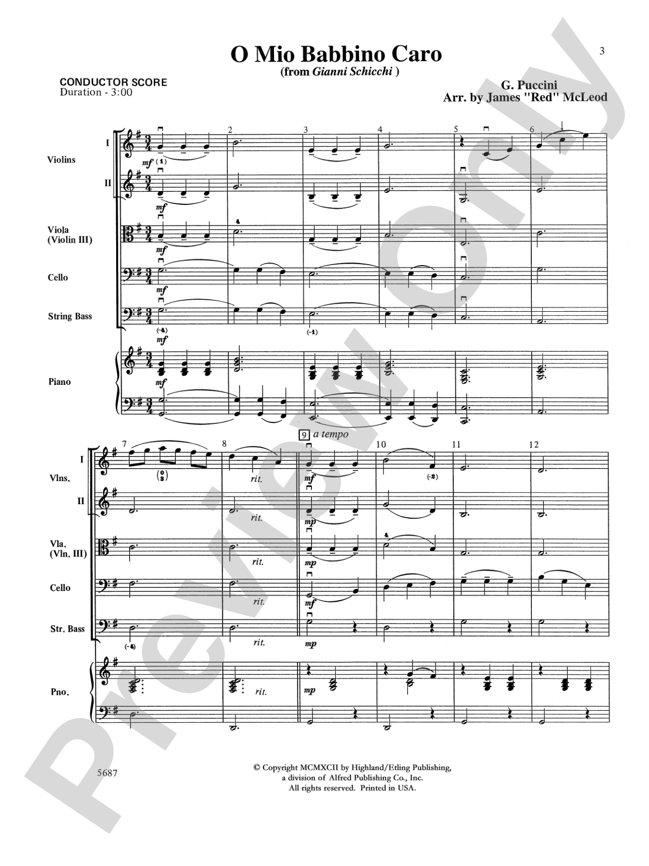 O Mio Babbino Caro from "Gianni Schicchi," theme from the film A Room with a View: String Orchestra Conductor Score & Parts