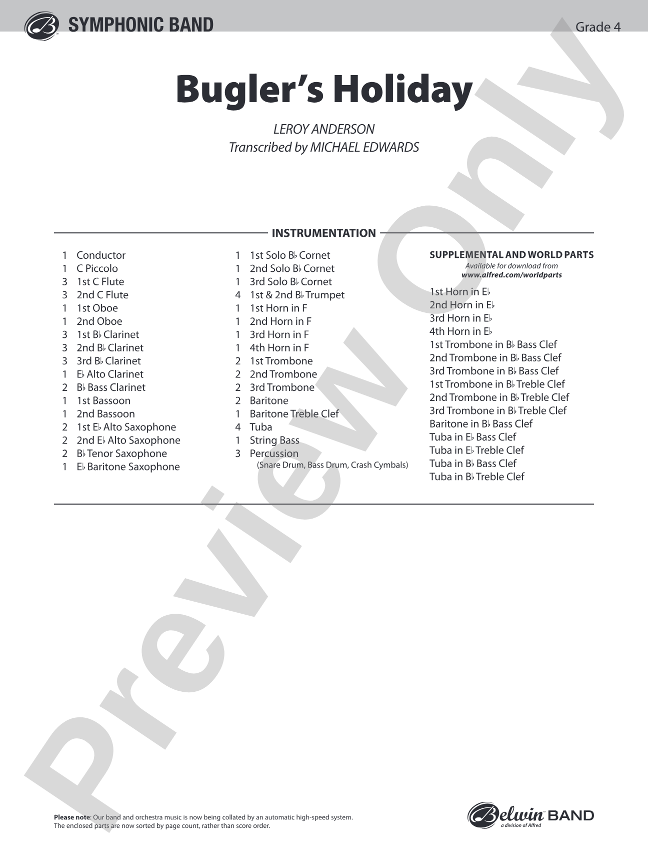 Bugler's Holiday (with Cornet Trio): Concert Band Conductor Score & Parts