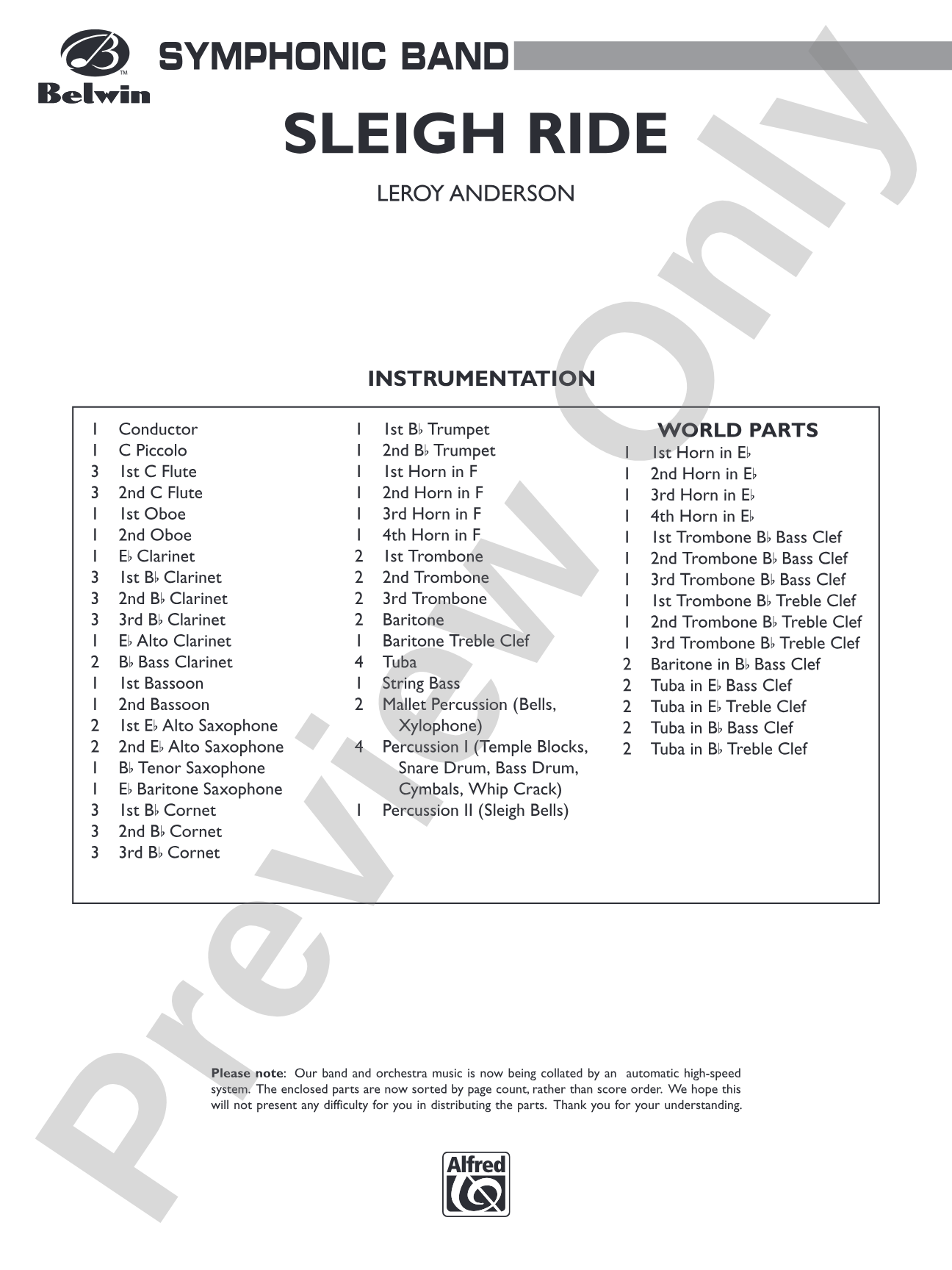 Sleigh Ride: Concert Band Conductor Score & Parts