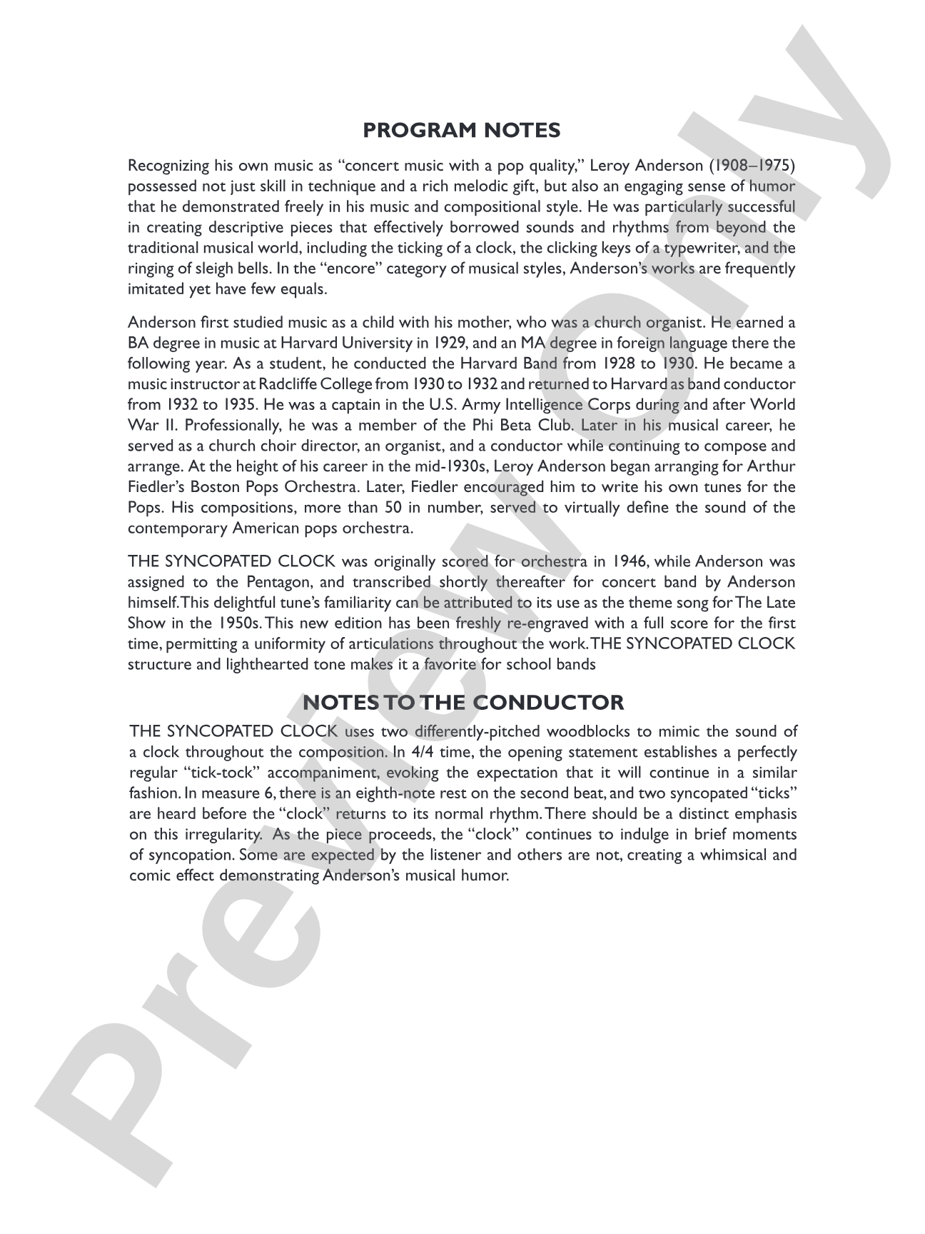 The Syncopated Clock: Concert Band Conductor Score & Parts