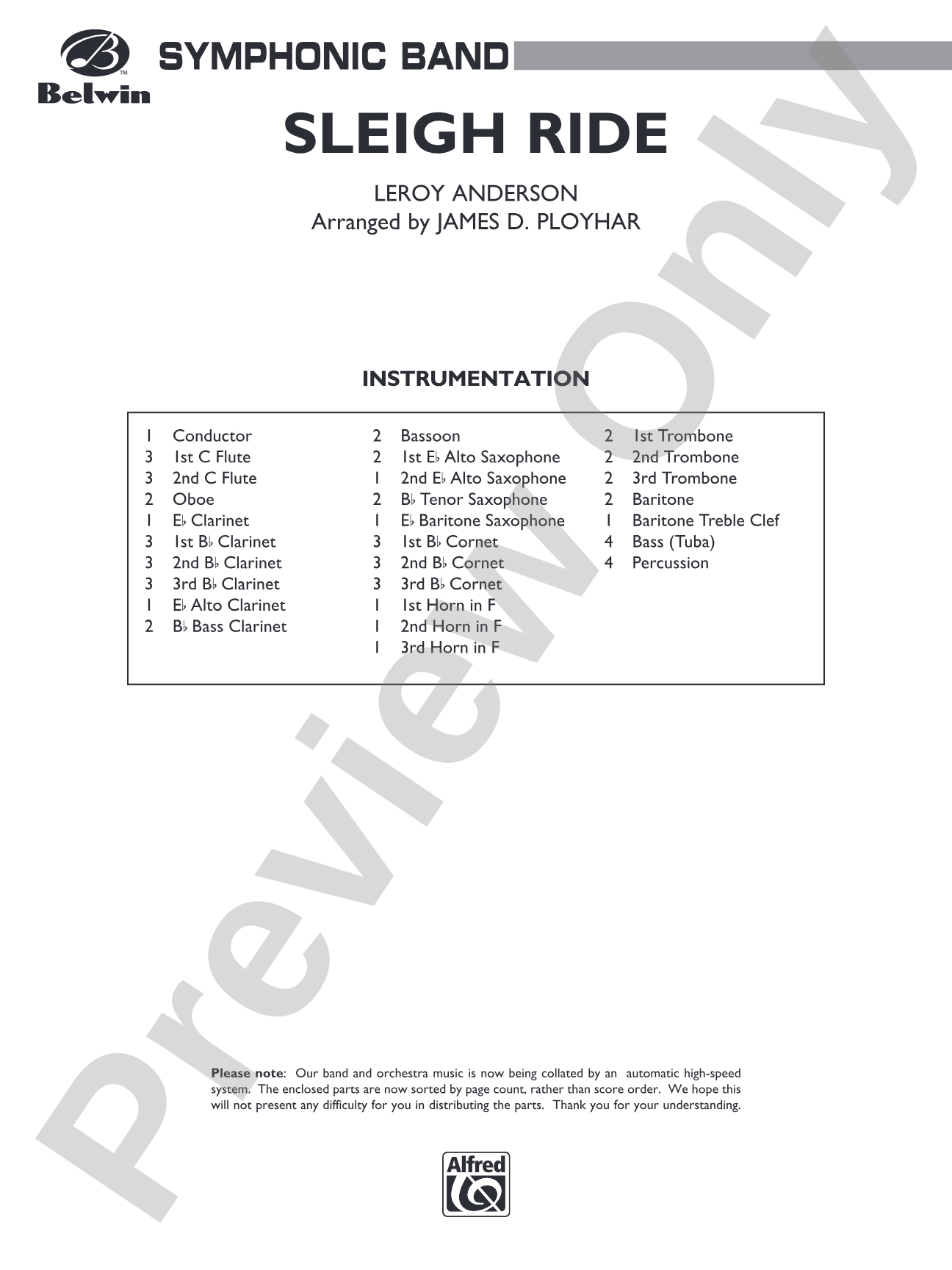 Sleigh Ride: Concert Band Conductor Score & Parts