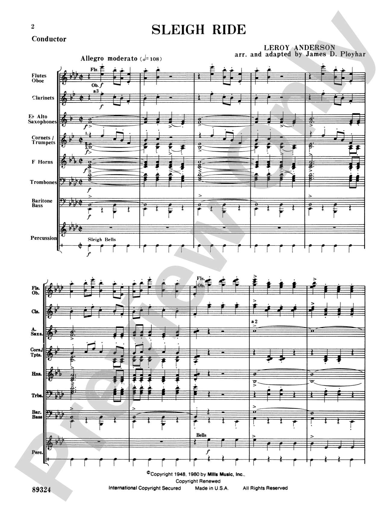 Sleigh Ride: Concert Band Conductor Score & Parts