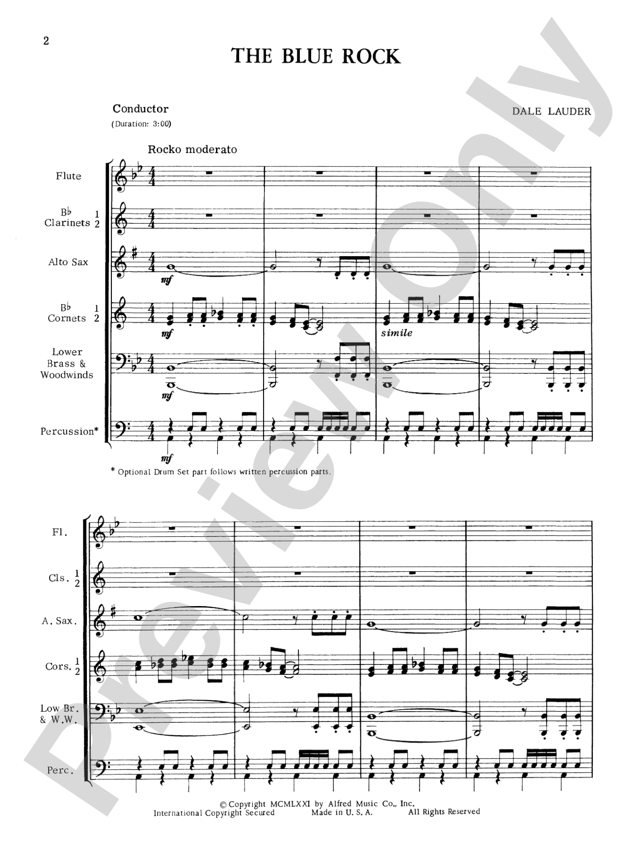 The Blue Rock (with optional Drum Set part): Concert Band Conductor Score & Parts