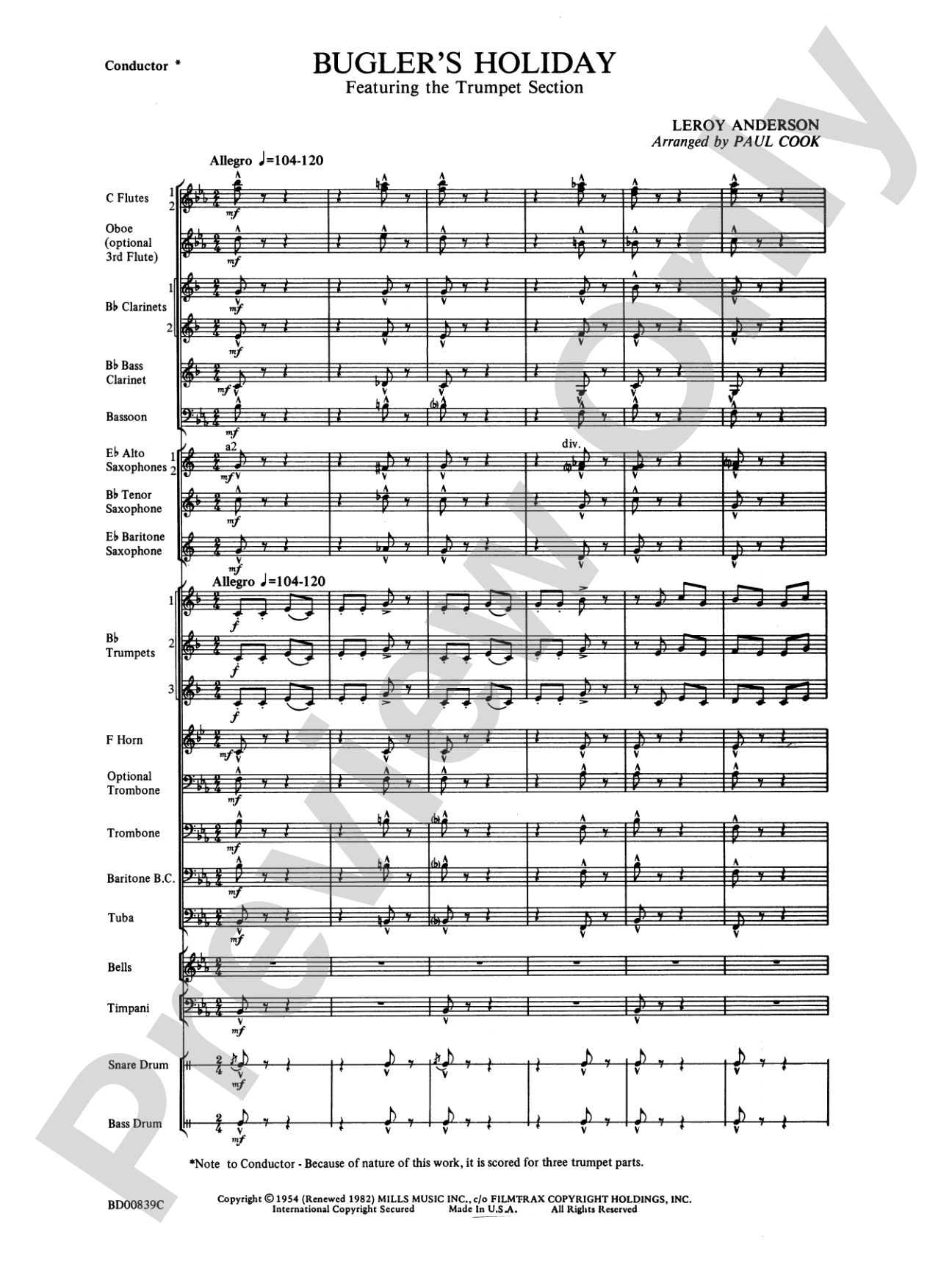 Bugler's Holiday (featuring the Trumpet Section): Concert Band Conductor Score & Parts