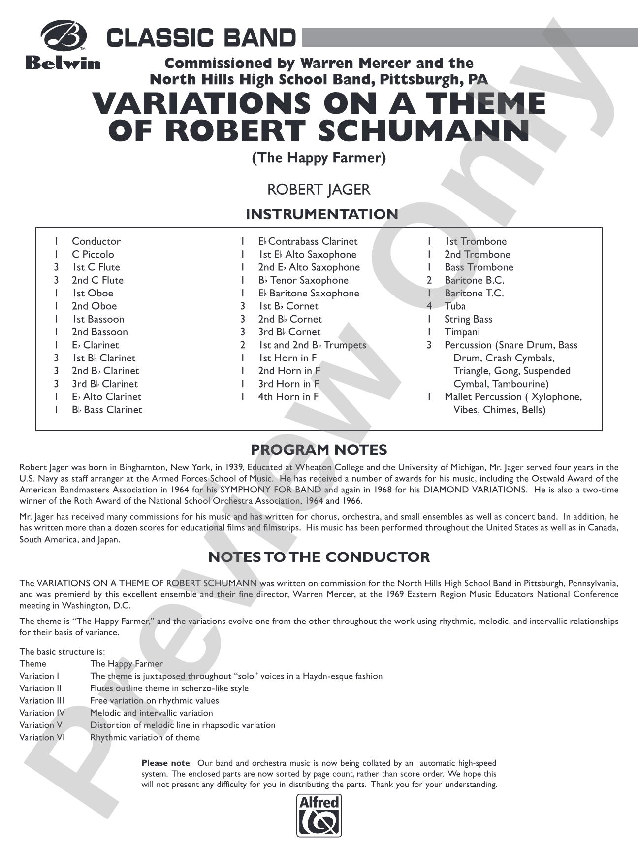 Variations on a Theme of Robert Schumann: Concert Band Conductor Score & Parts