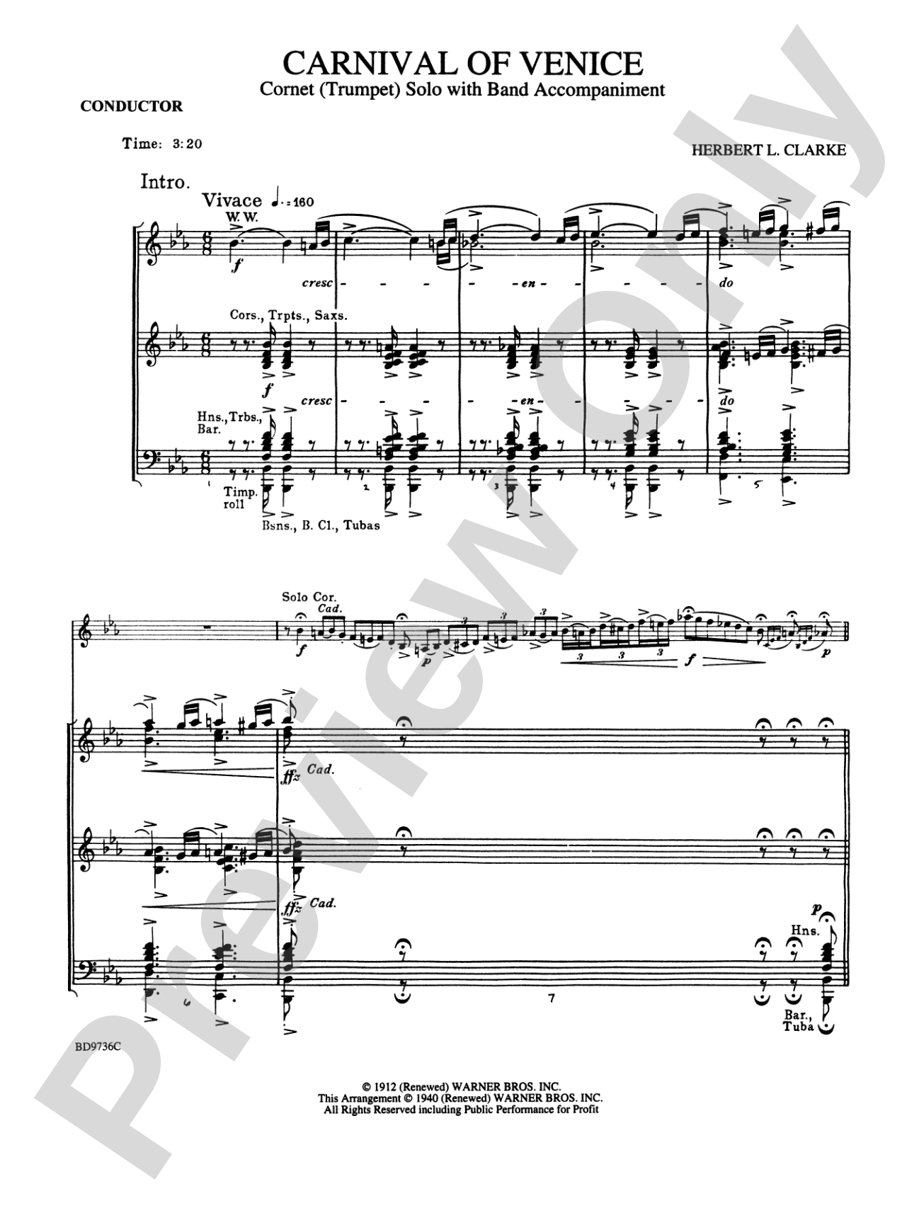 Carnival of Venice (Cornet (Trumpet) Solo with Band Accompaniment): Score