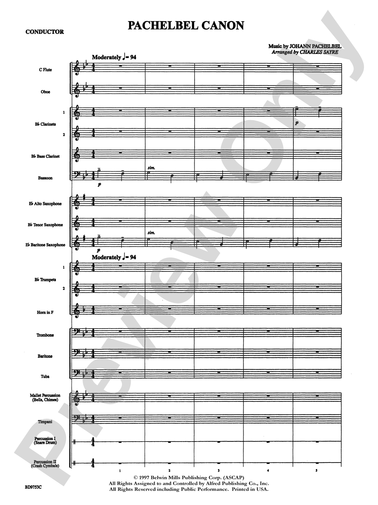 Pachelbel Canon: Concert Band Conductor Score & Parts