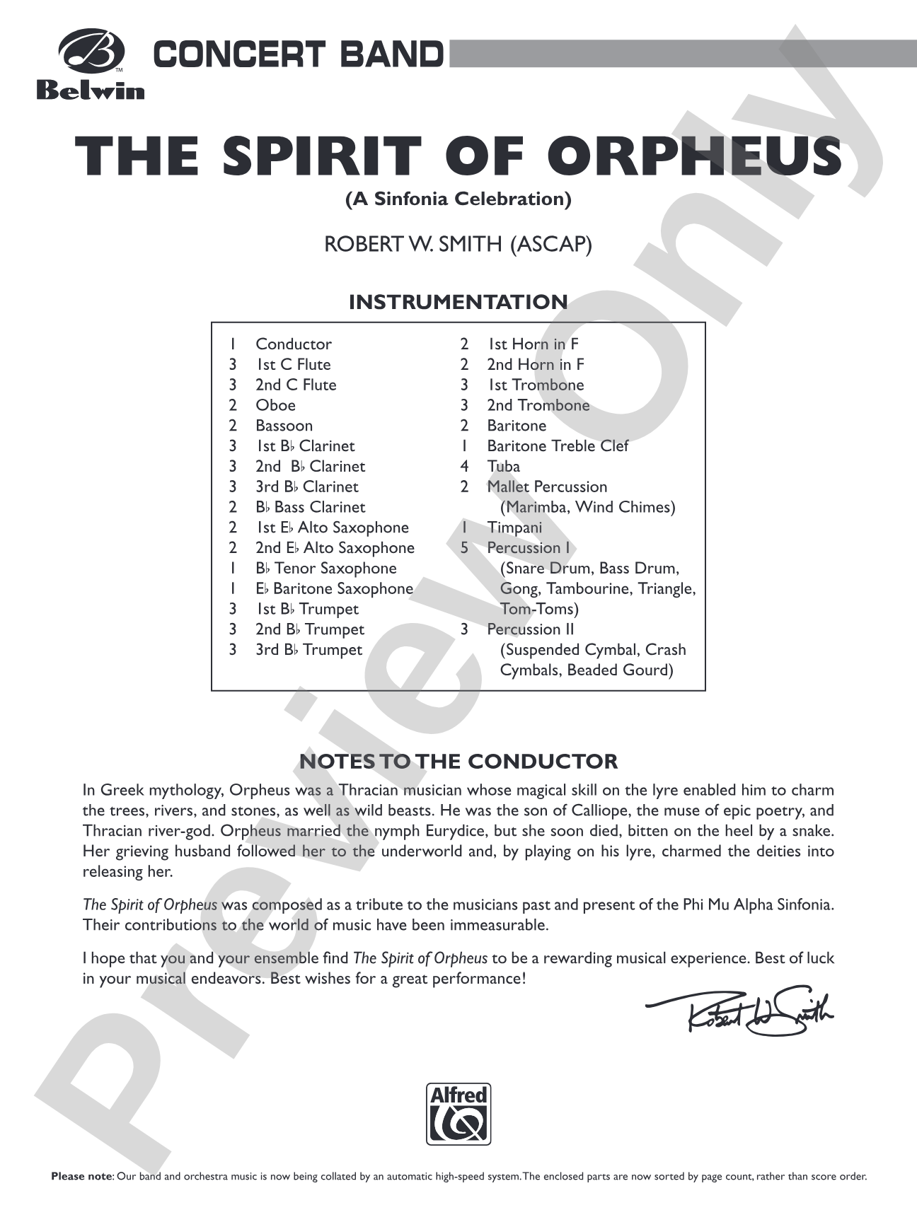 The Spirit of Orpheus (A Sinfonian Celebration): Concert Band Conductor Score & Parts