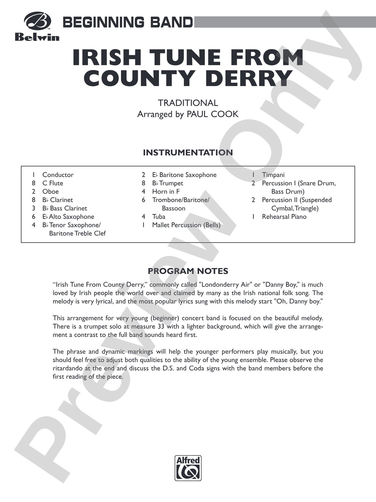 Irish Tune from County Derry: Concert Band Conductor Score & Parts