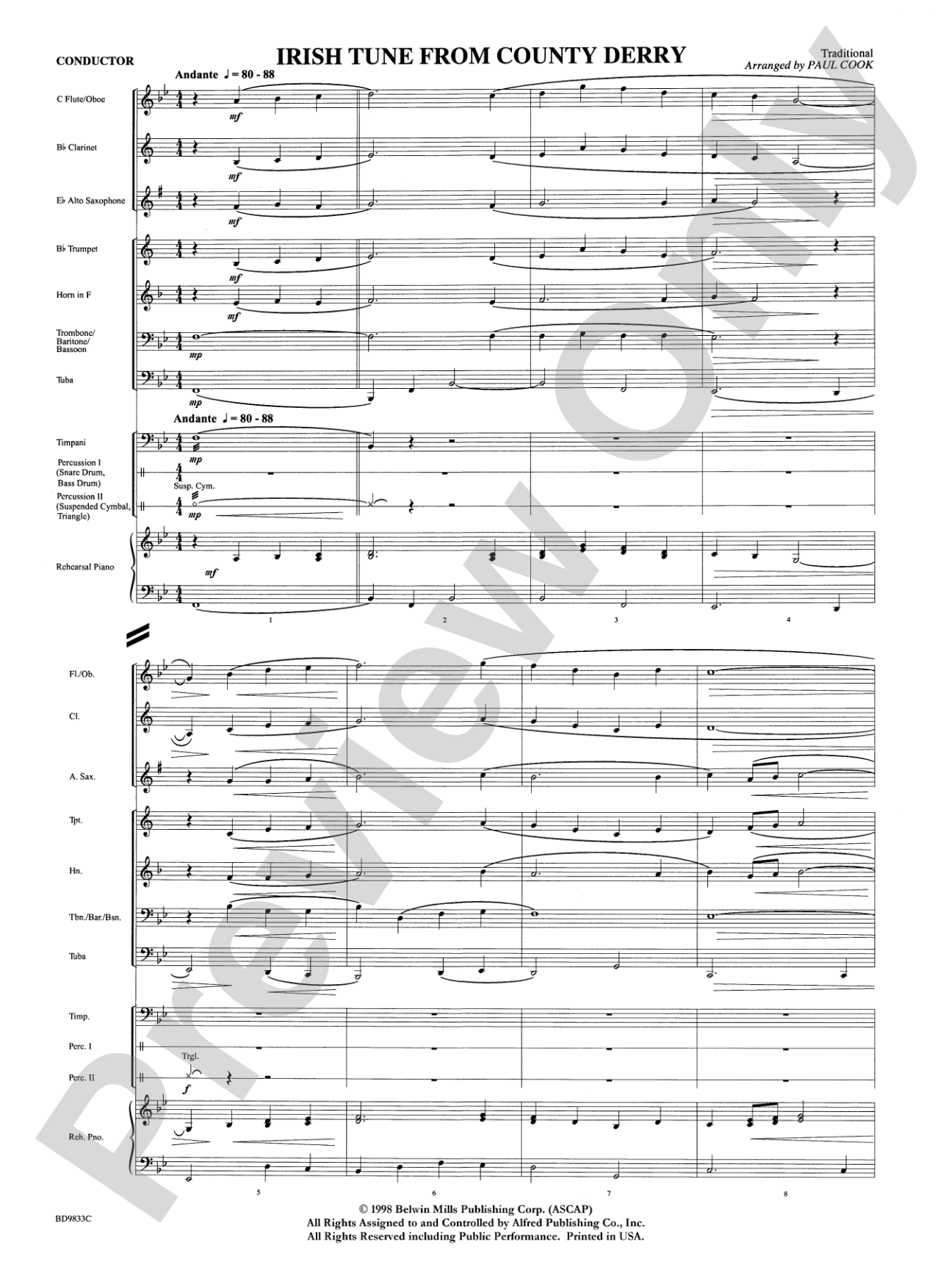 Irish Tune from County Derry: Concert Band Conductor Score & Parts