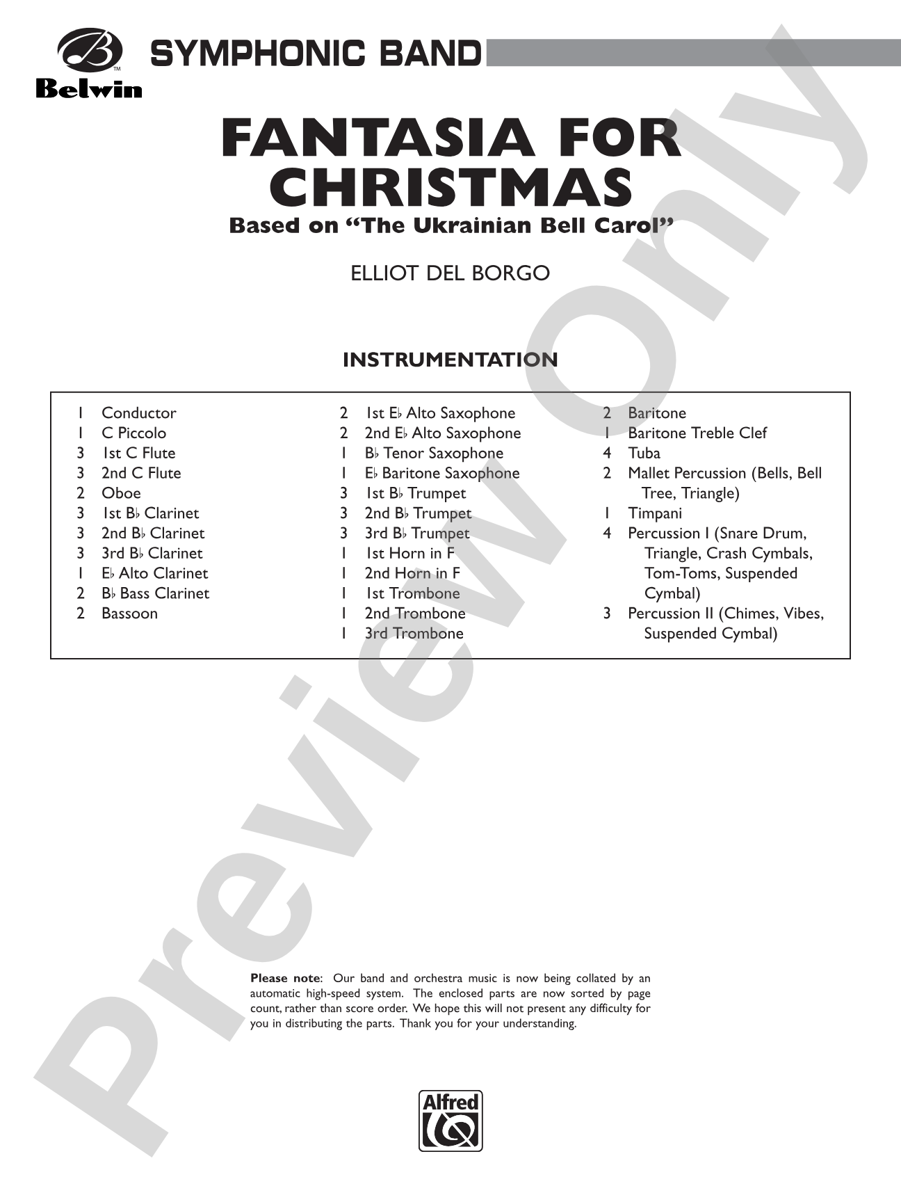 Fantasia for Christmas (based on "The Ukranian Bell Carol"): Concert Band Conductor Score & Parts