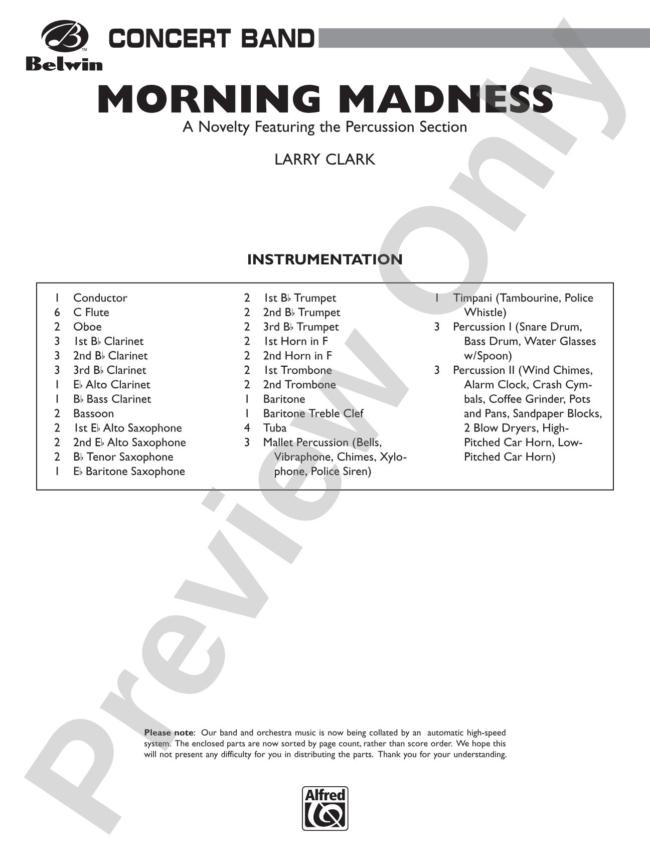Morning Madness (a novelty featuring the Percussion Section): Concert Band Conductor Score & Parts