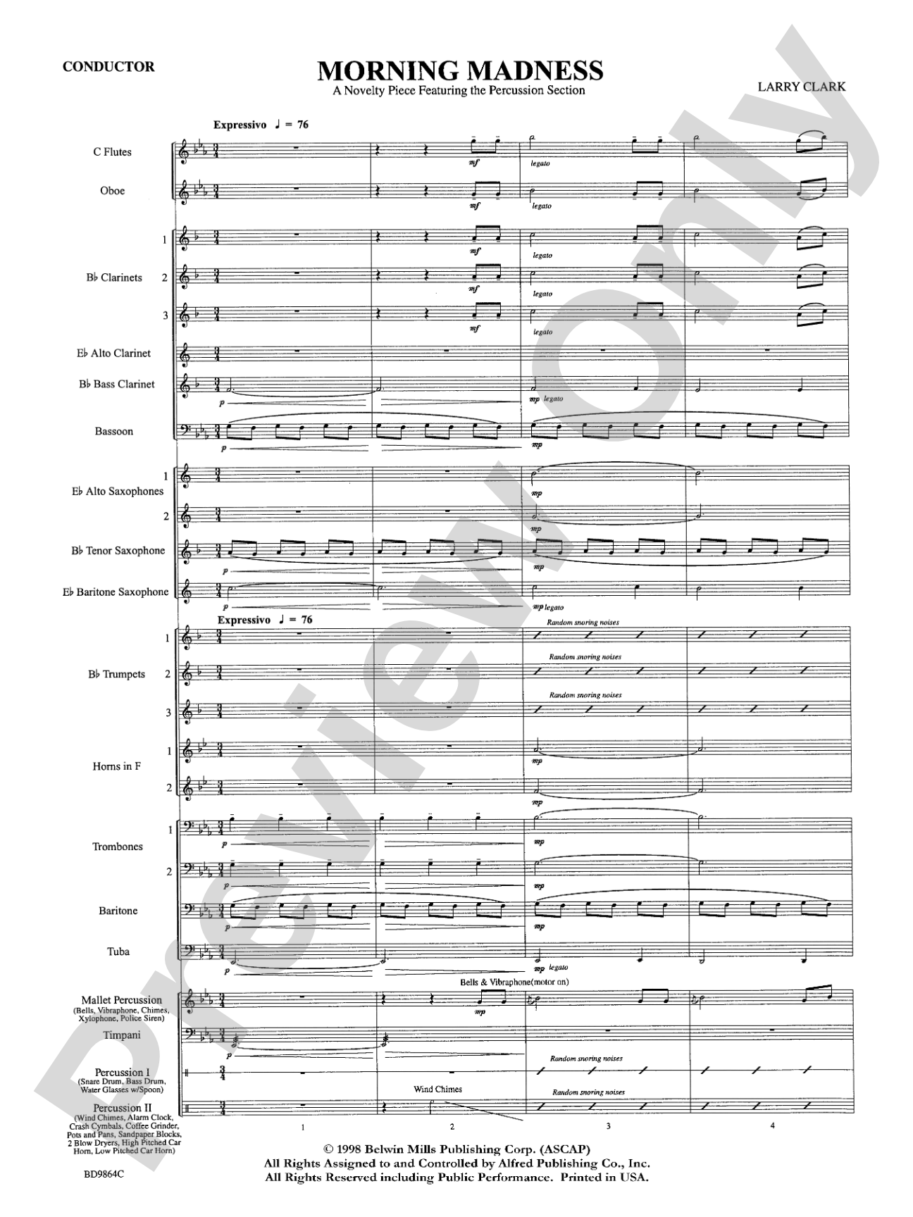 Morning Madness (a novelty featuring the Percussion Section): Concert Band Conductor Score & Parts
