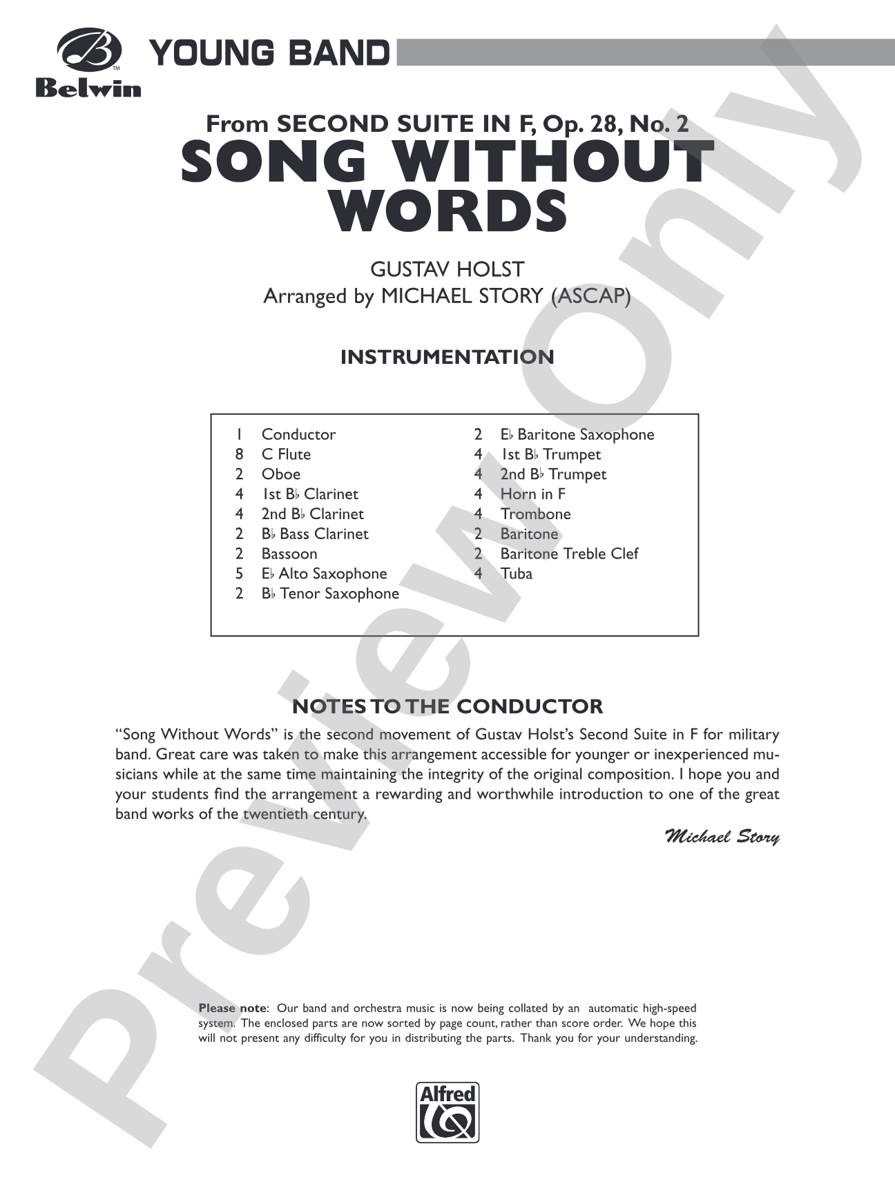 Song Without Words: Concert Band Conductor Score & Parts