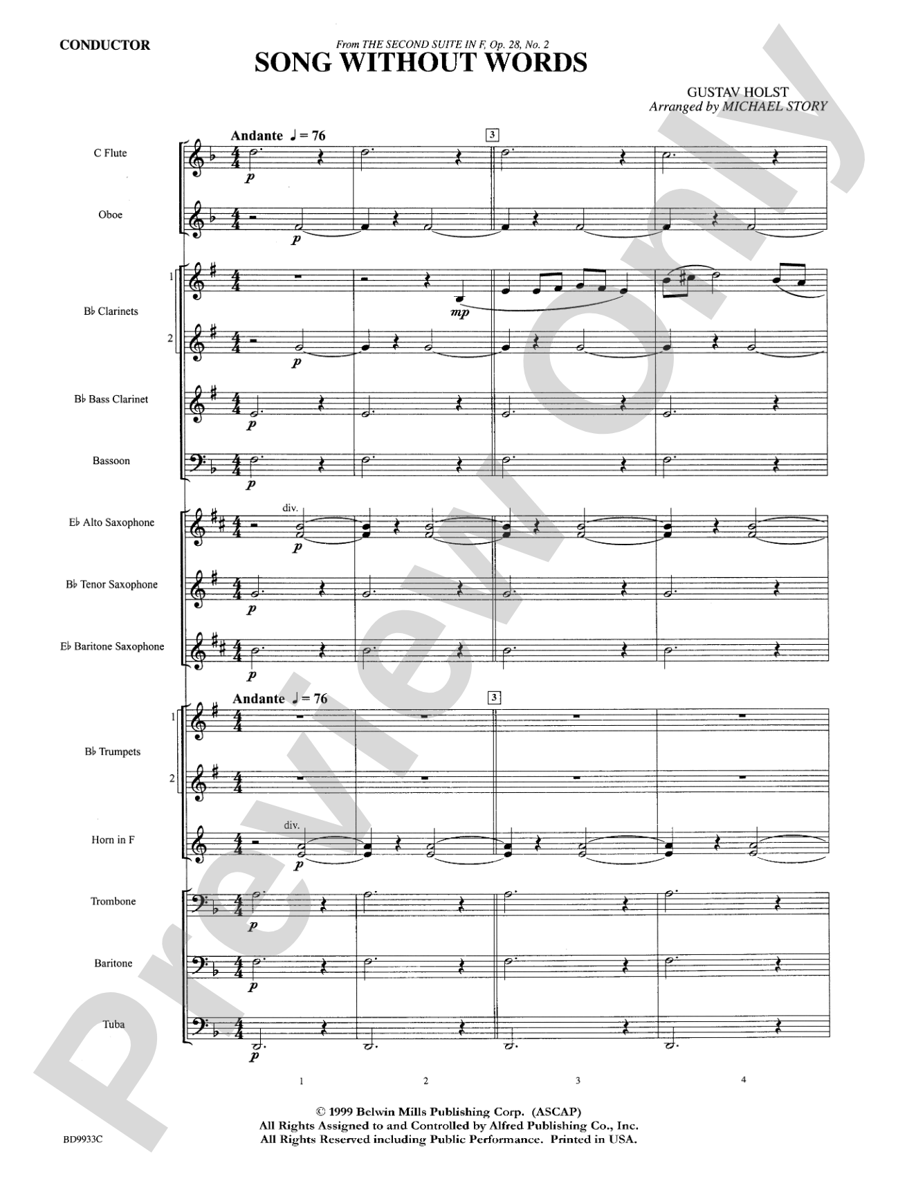 Song Without Words: Concert Band Conductor Score & Parts