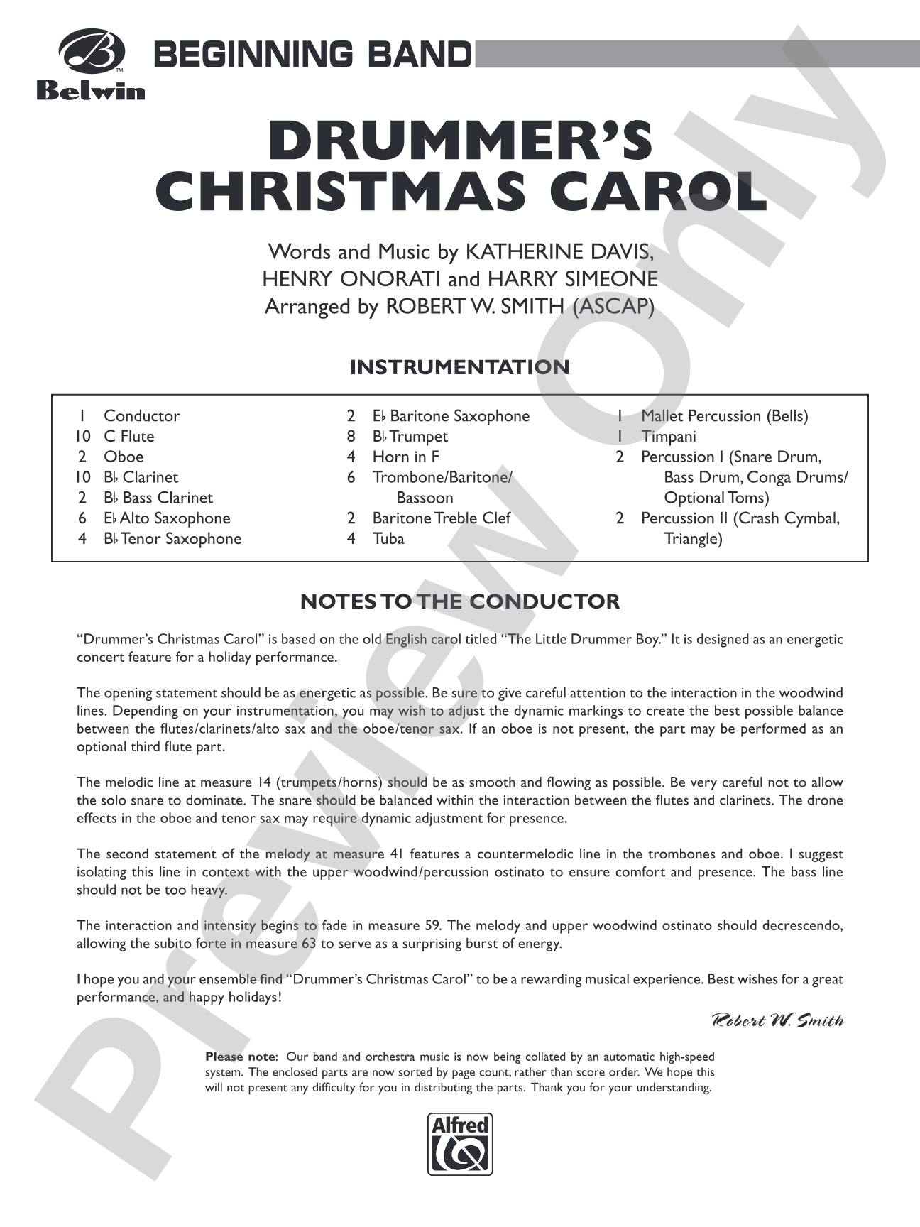 Drummer's Christmas Carol: Concert Band Conductor Score & Parts