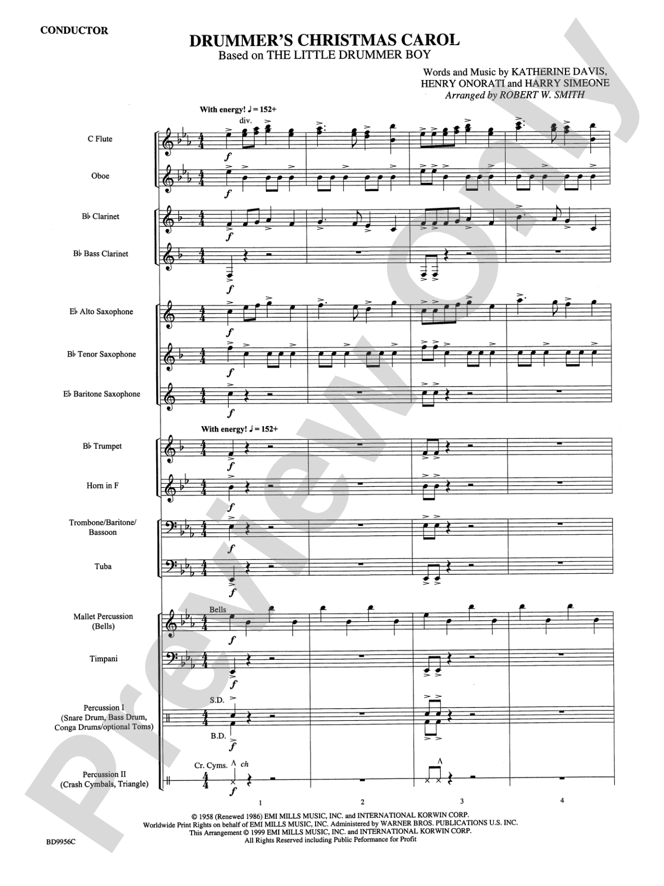 Drummer's Christmas Carol: Concert Band Conductor Score & Parts