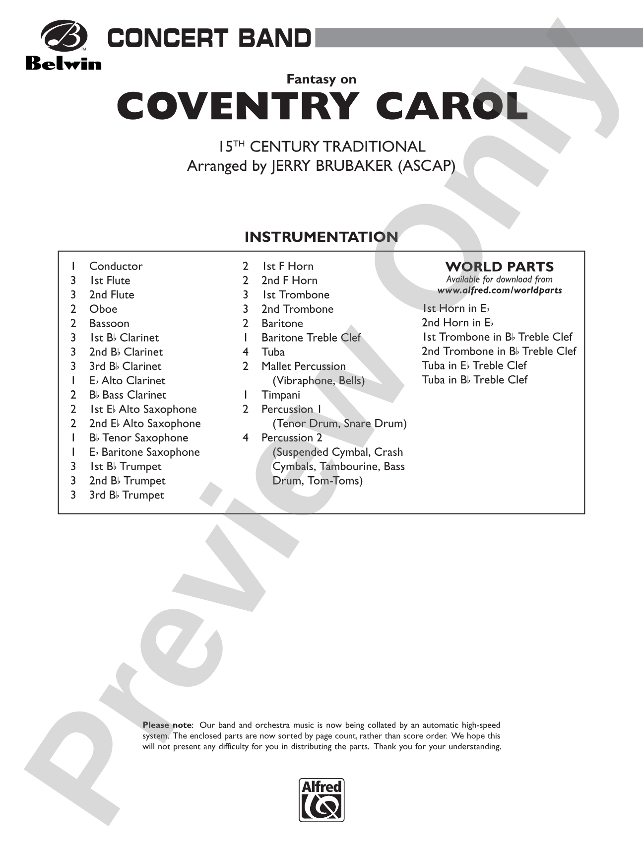 Coventry Carol: Concert Band Conductor Score & Parts