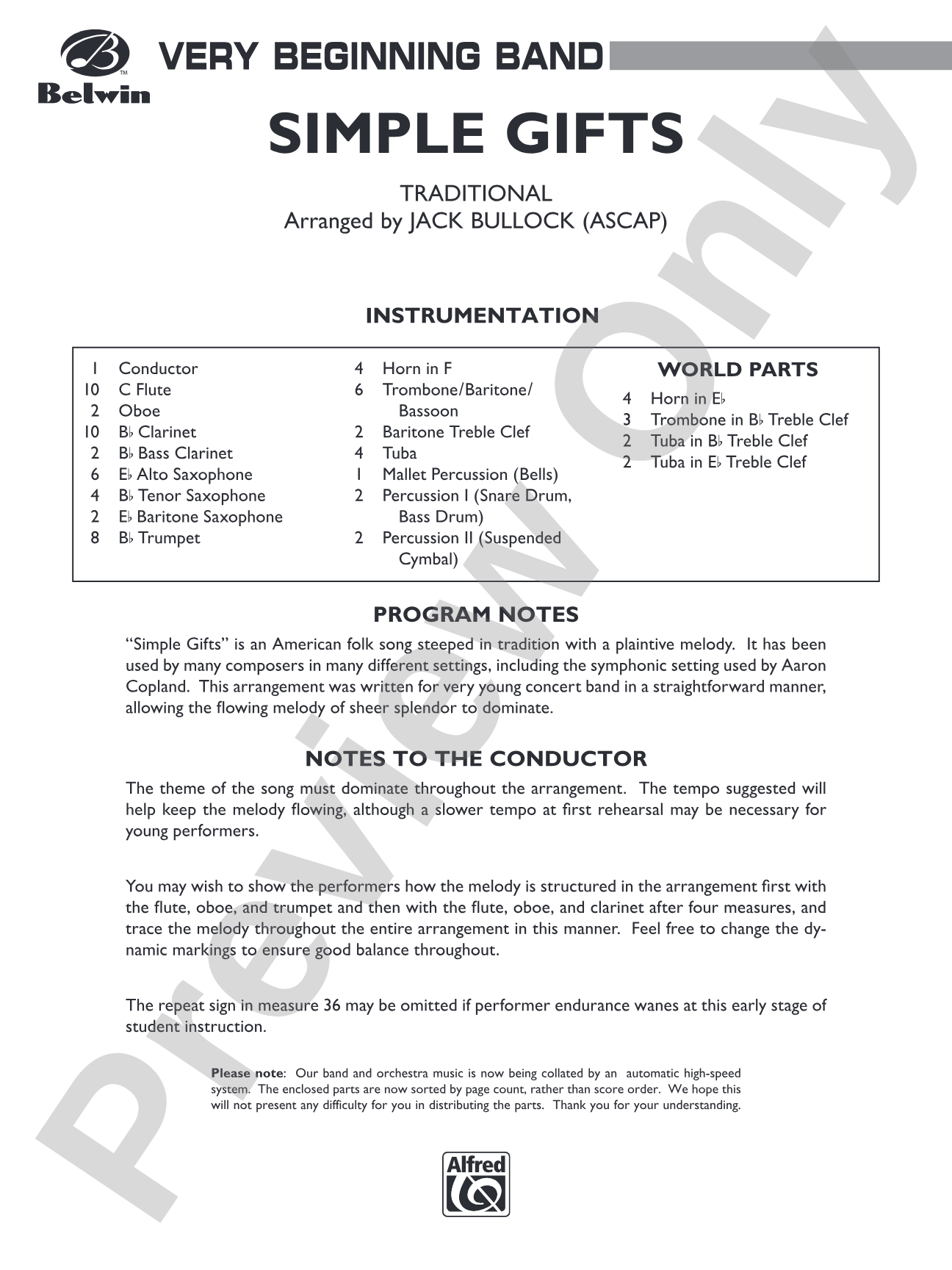 Simple Gifts: Concert Band Conductor Score & Parts