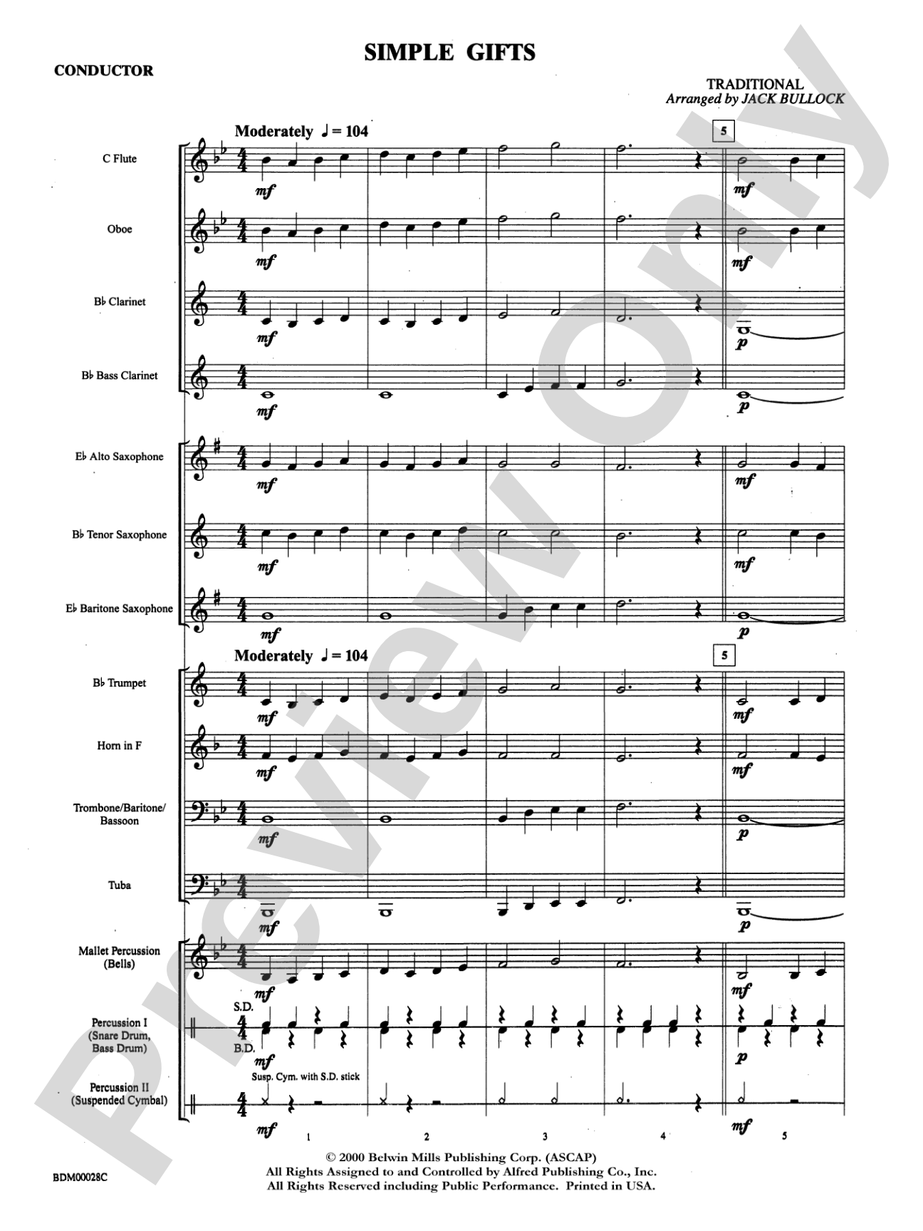 Simple Gifts: Concert Band Conductor Score & Parts