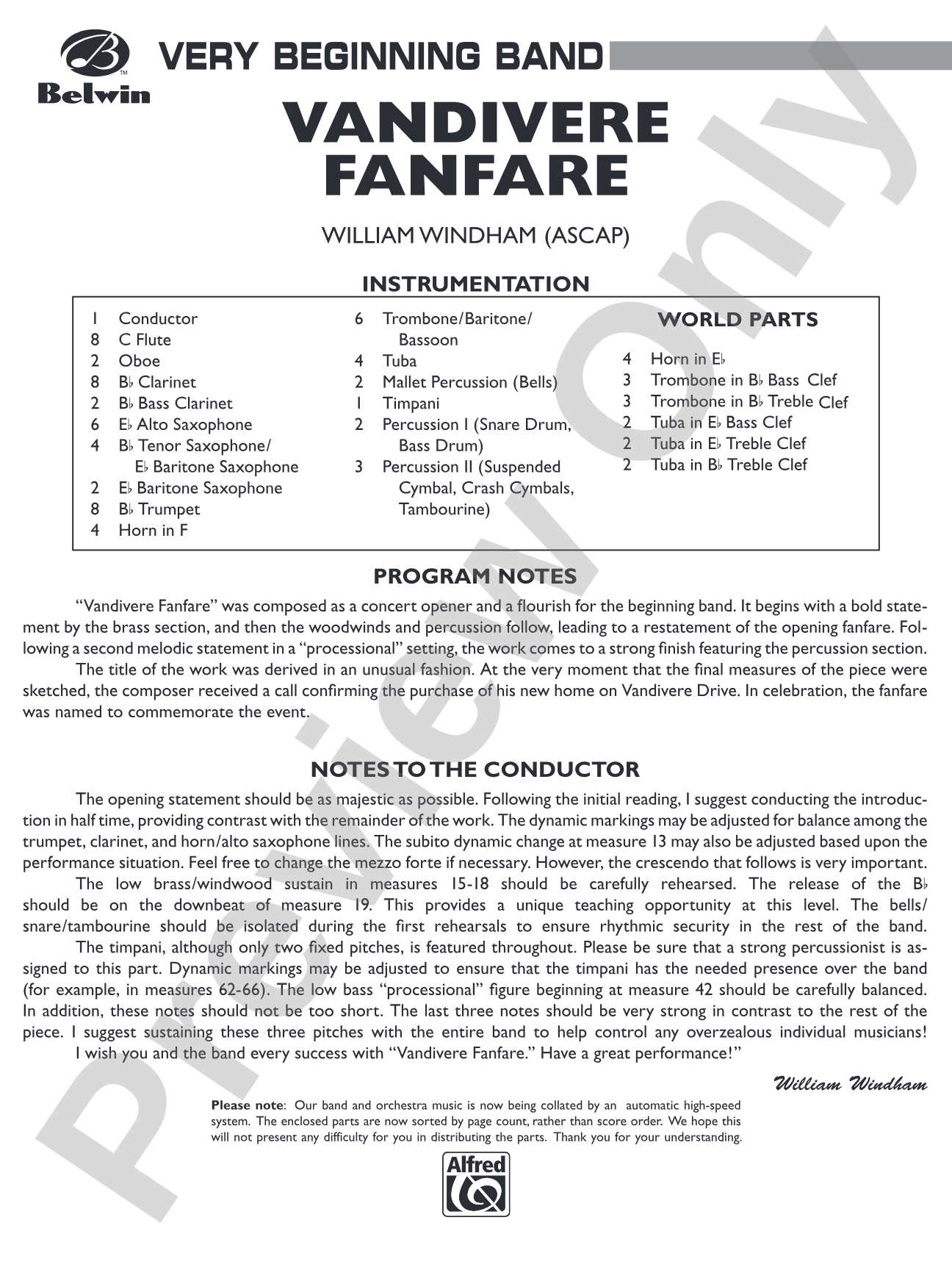 Vandivere Fanfare: Concert Band Conductor Score & Parts