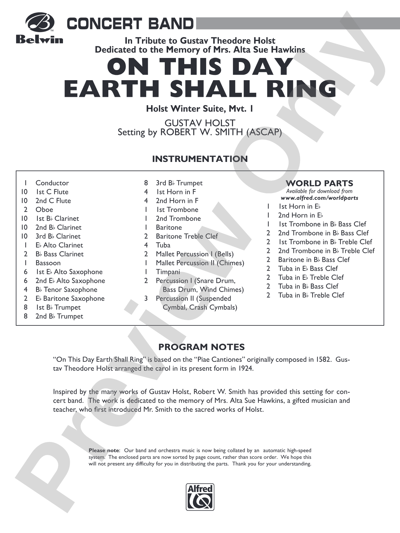 On This Day Earth Shall Ring (Holst Winter Suite, Mvt. I): Concert Band Conductor Score & Parts