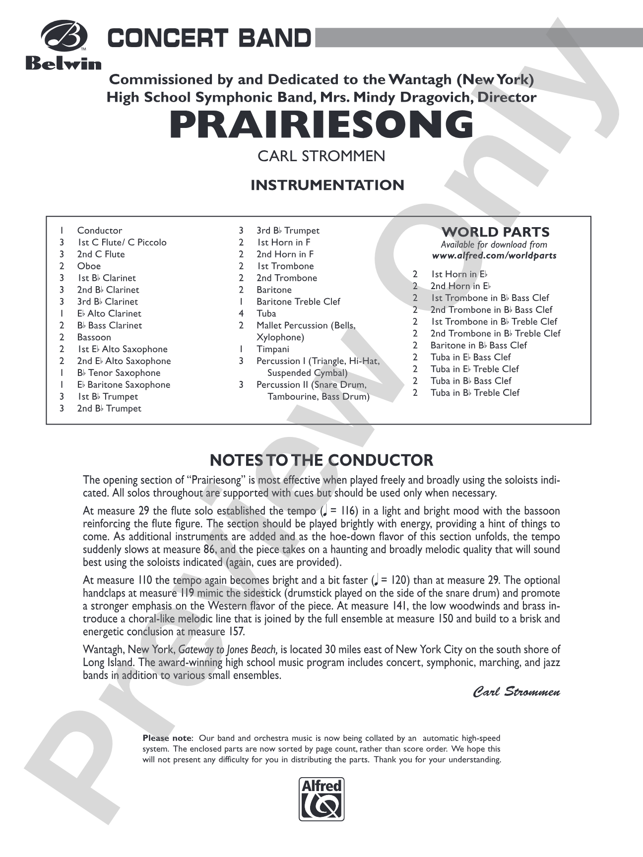 Prairiesong: Concert Band Conductor Score & Parts