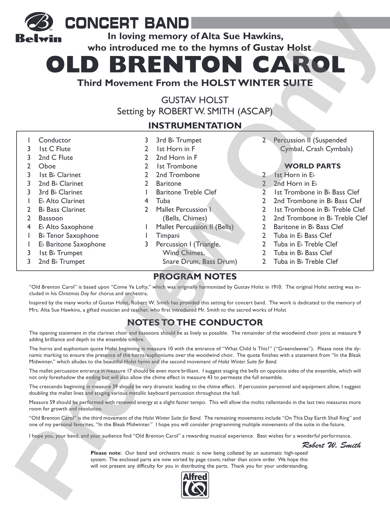 Old Brenton Carol (from the Holst Winter Suite): Concert Band Conductor Score & Parts