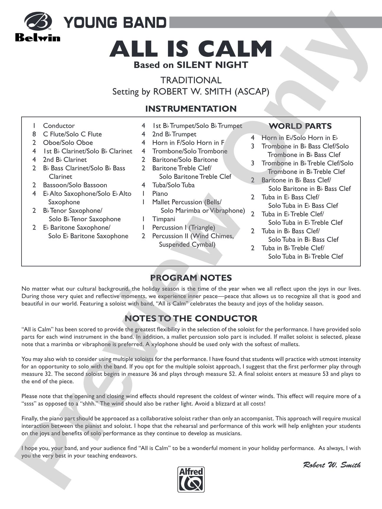 All Is Calm (based on Silent Night): Concert Band Conductor Score & Parts
