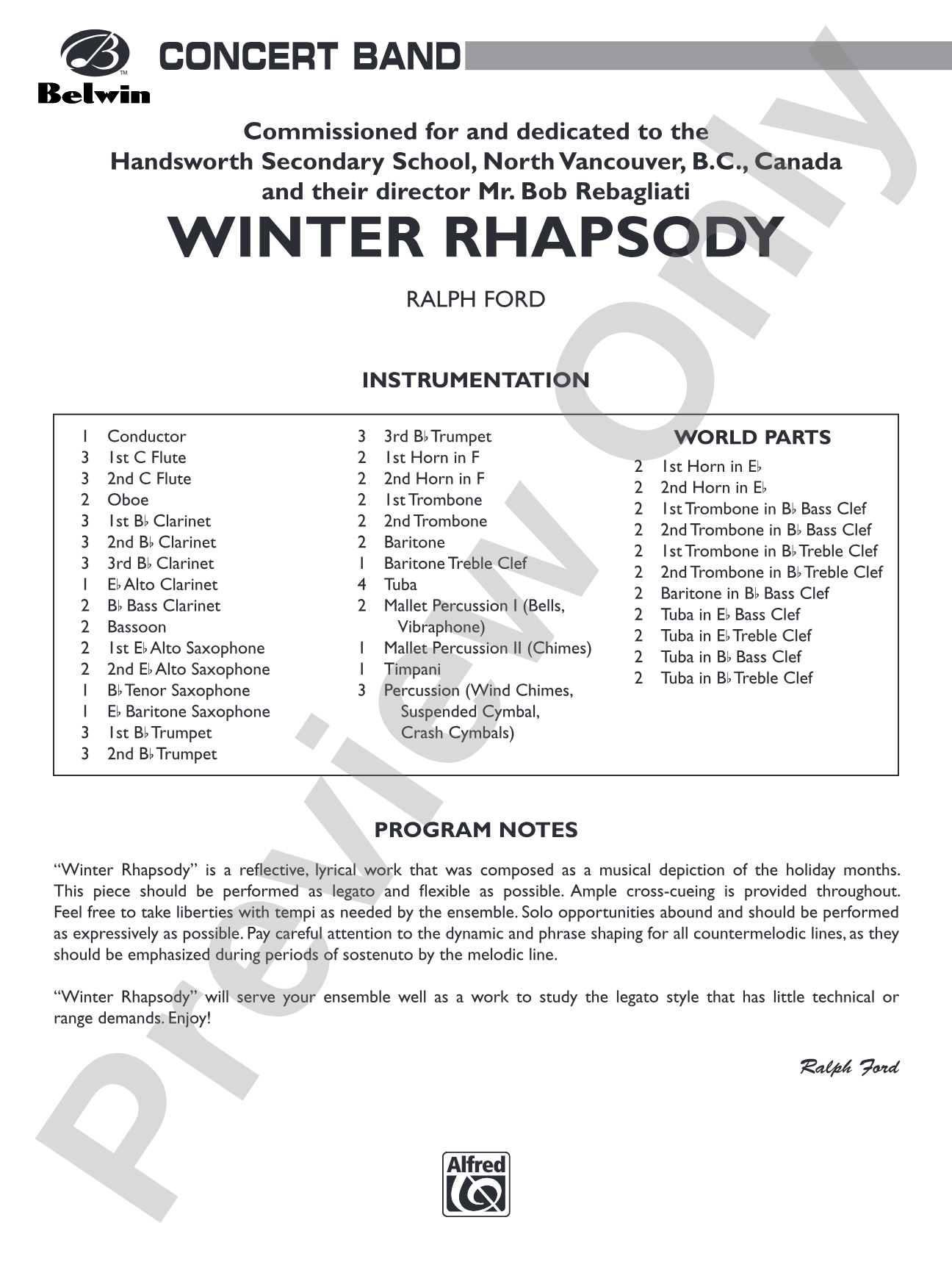 Winter Rhapsody: Concert Band Conductor Score & Parts