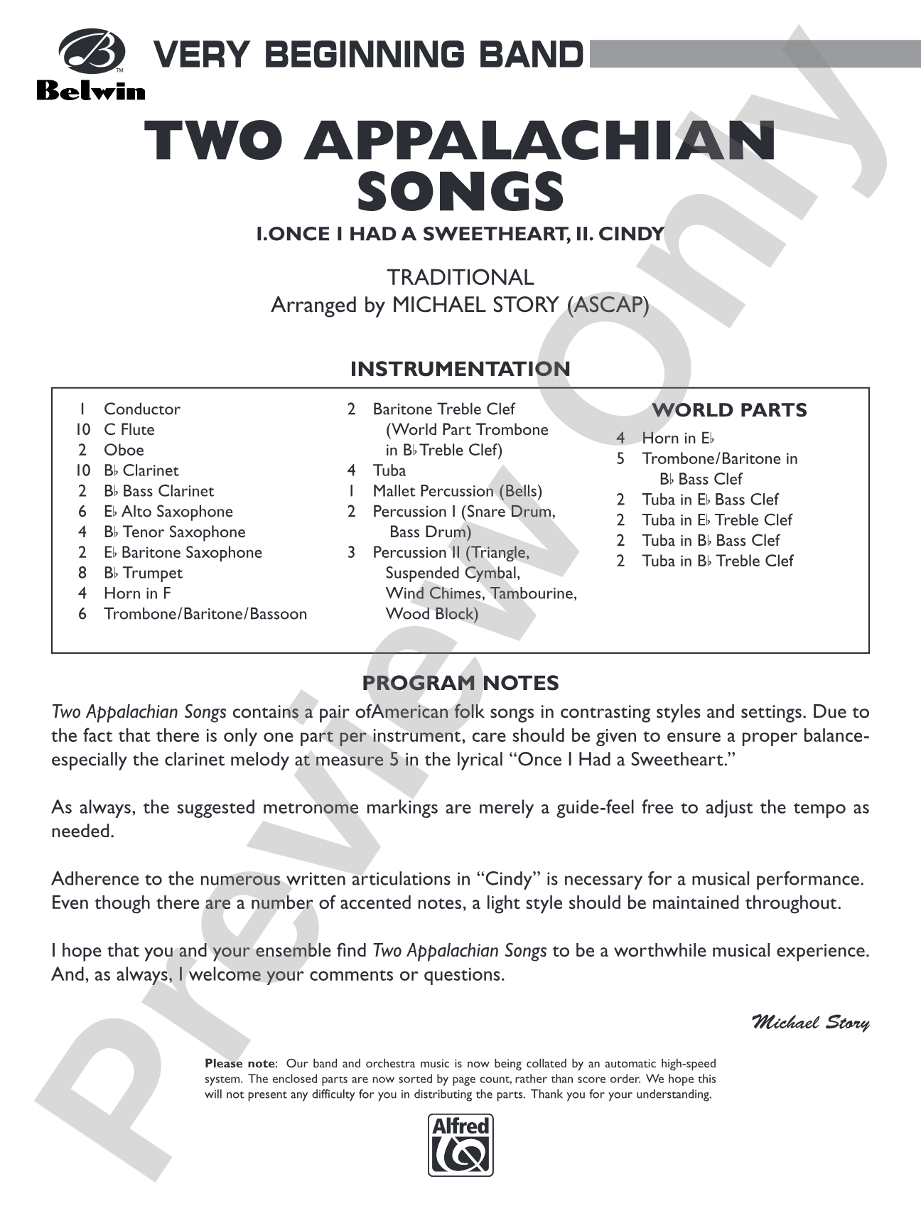 Two Appalachian Songs (I. "Once I Had a Sweetheart," II. "Cindy"): Concert Band Conductor Score & Parts