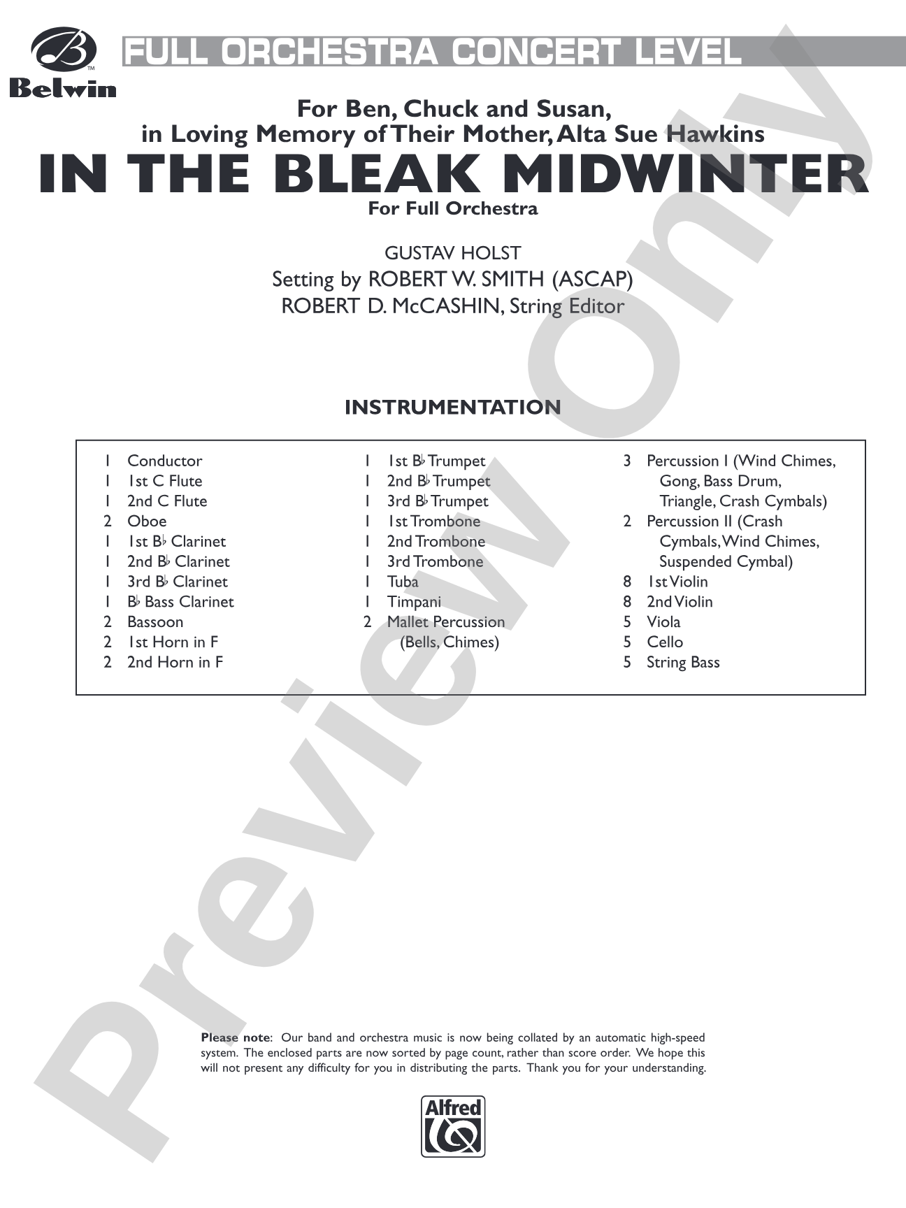 In the Bleak Midwinter: Full Orchestra Conductor Score & Parts
