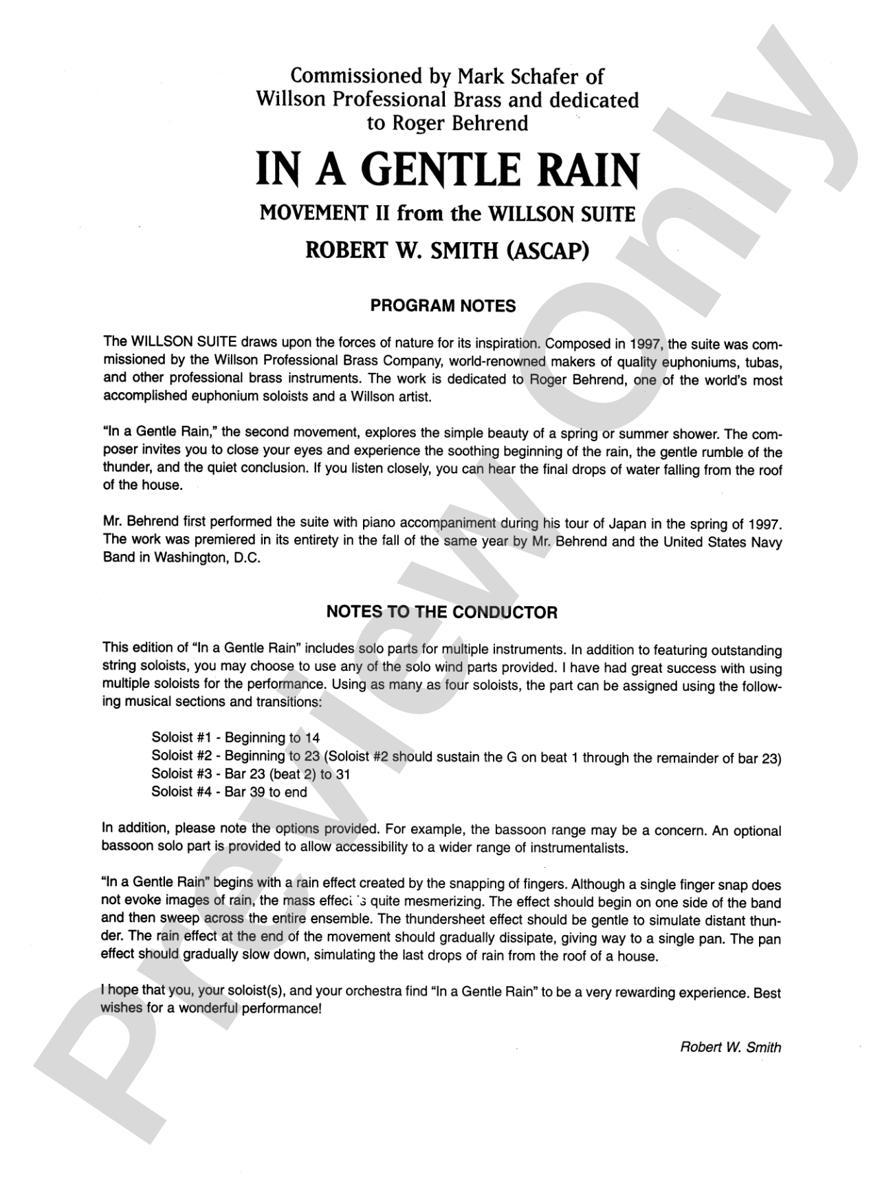 In a Gentle Rain (Movement II from the Willson Suite): Full Orchestra Conductor Score & Parts